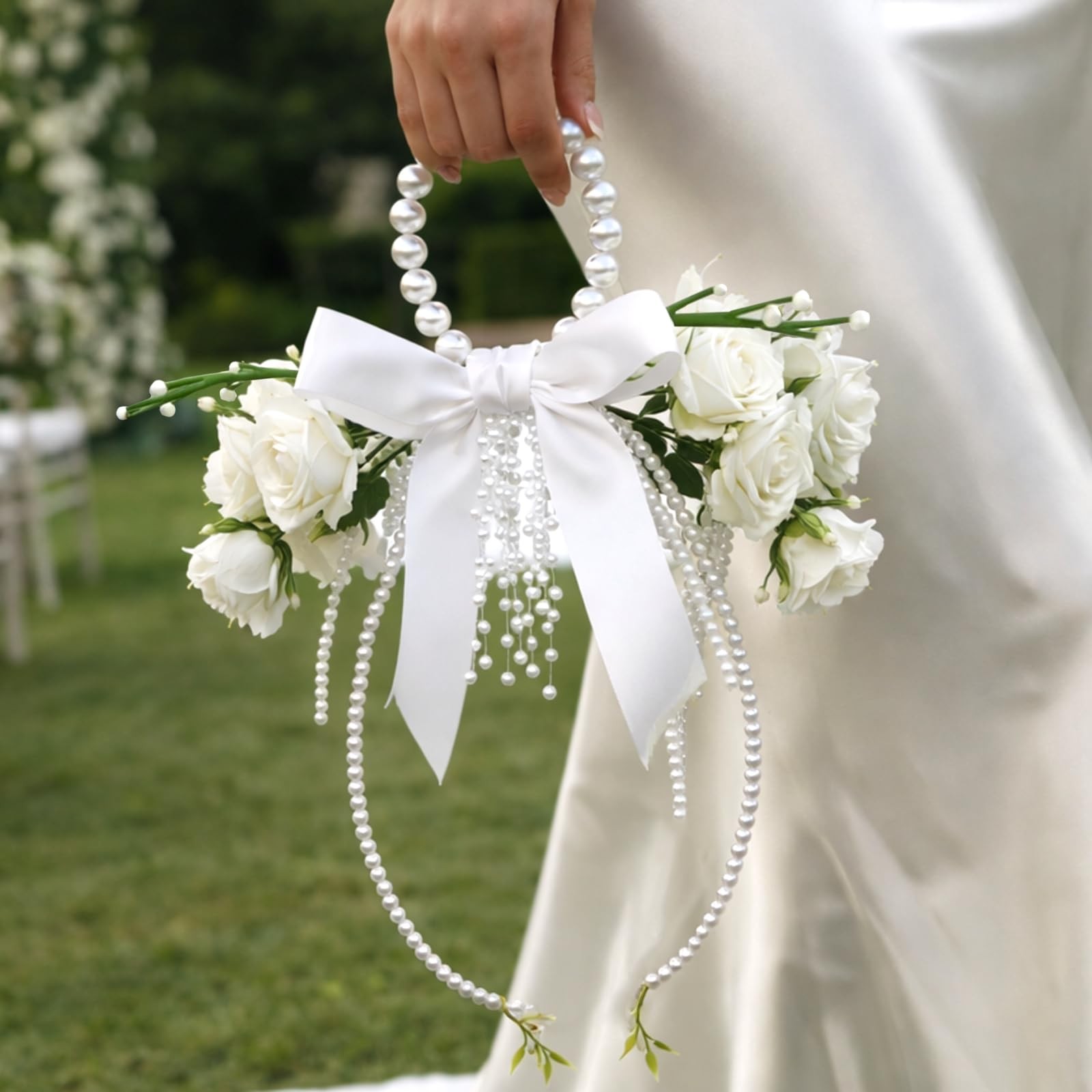 White Rose Bridal Bouquet With Pearl Handle Beads Marriage Church Ceremony