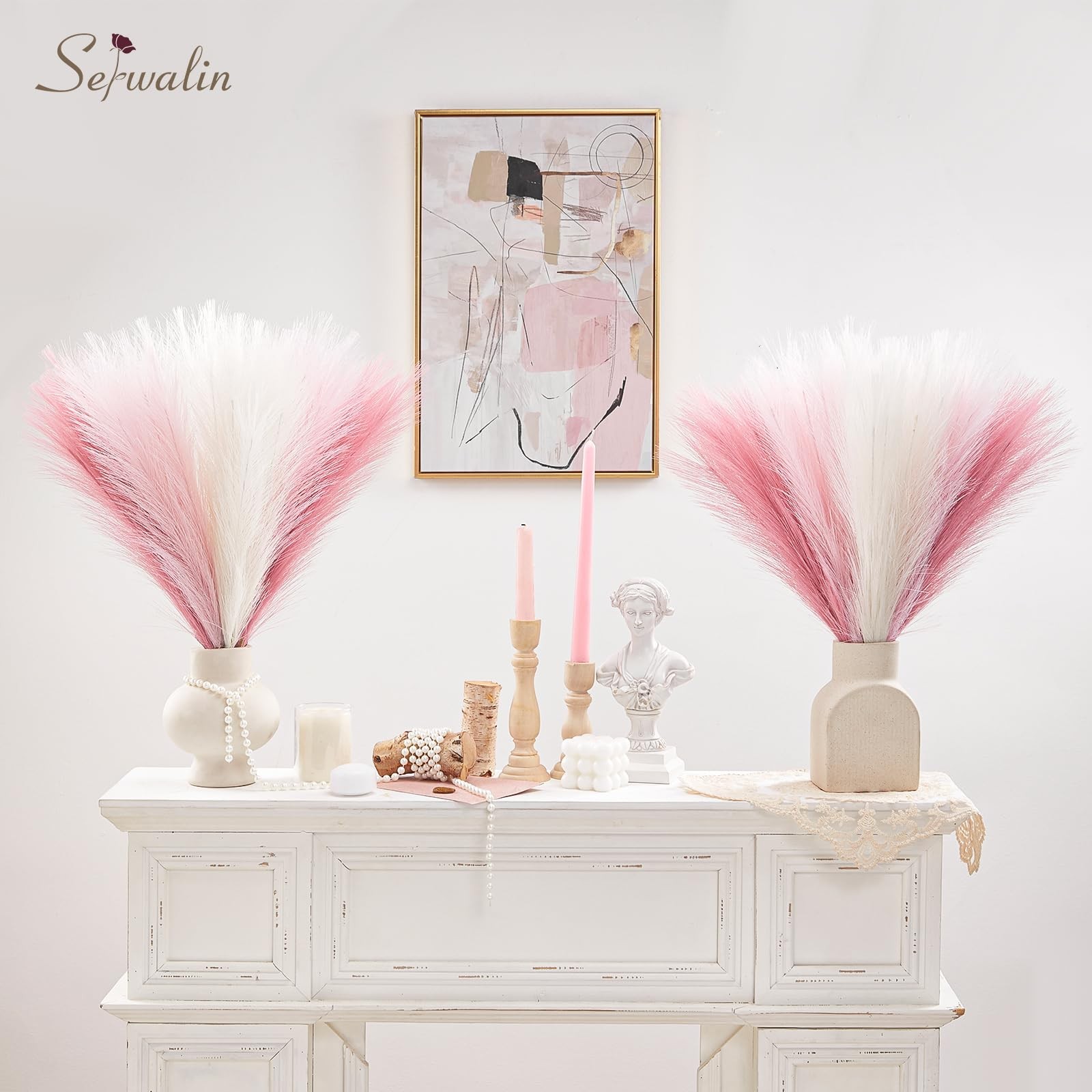 Pampas Grass Pink Decor 17.7 Inch 6pcs, Faux Pampas Grass Home Decor, Artific…