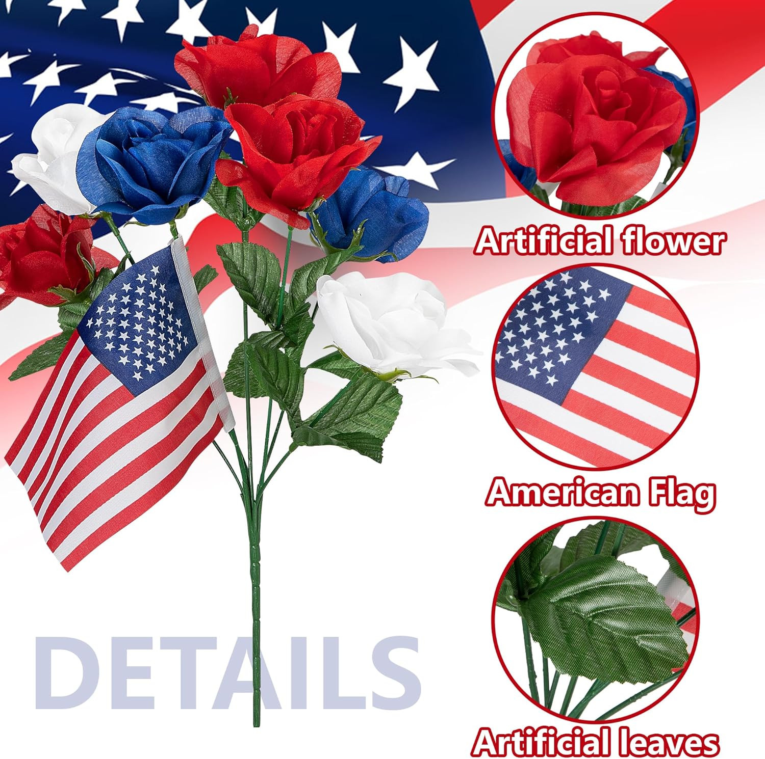 4 Bunches Memorial Day Artificial Flowers, Red Blue White Cemetery Flower with F