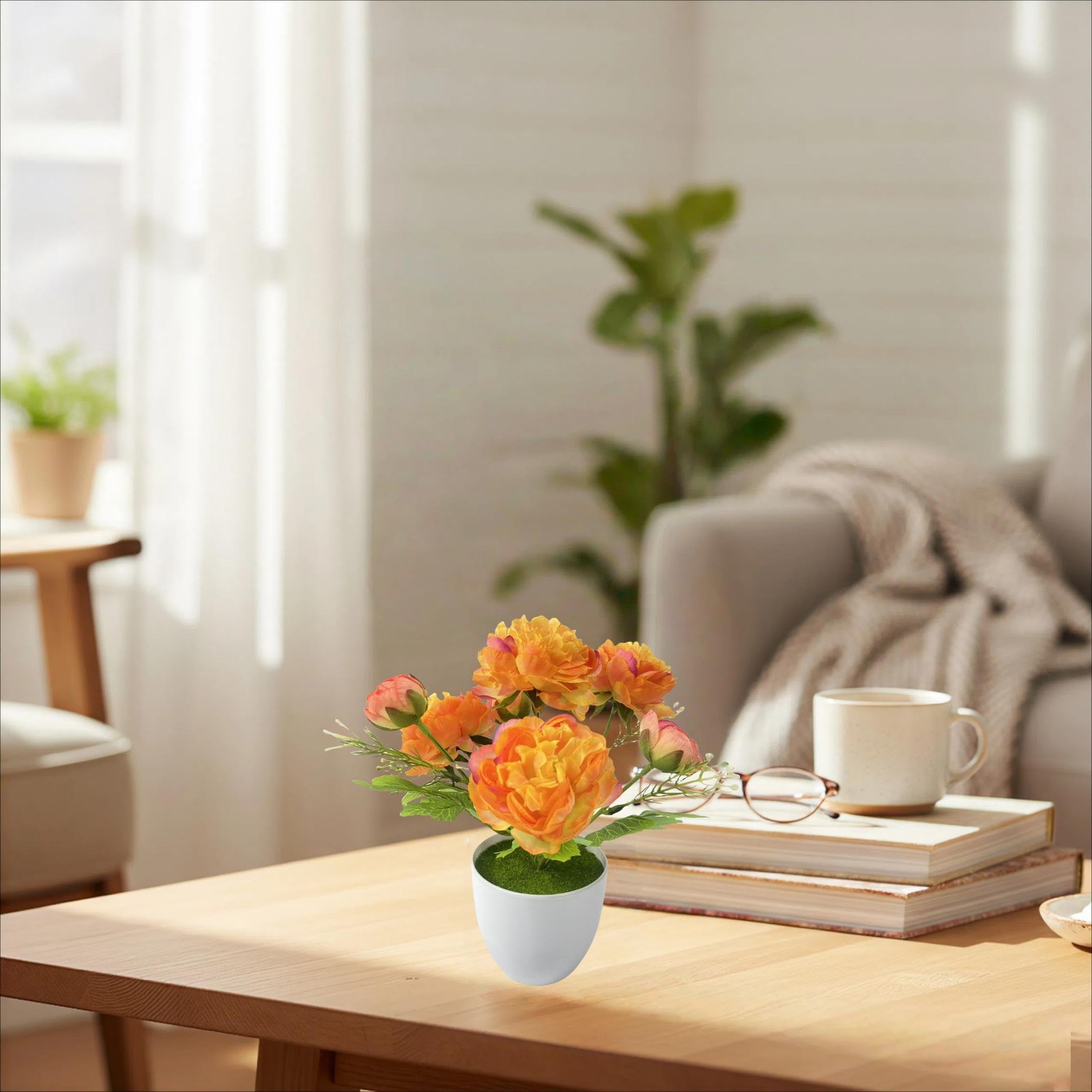 2 PCS Small Fake Potted Flowers Orange Artificial Ranunculus For Home Decor