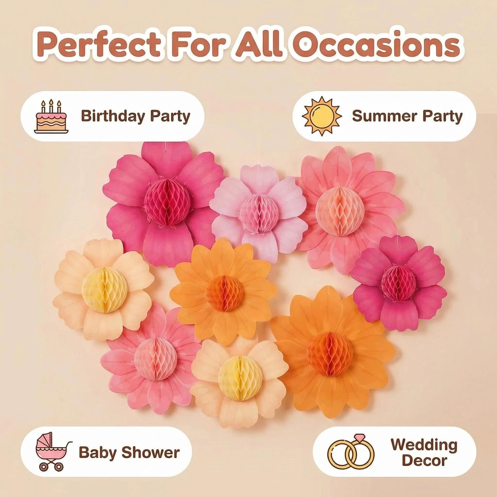 9 PCS Pastel Flower Party Decorations Honeycomb Fairy Flowers Spring Easter