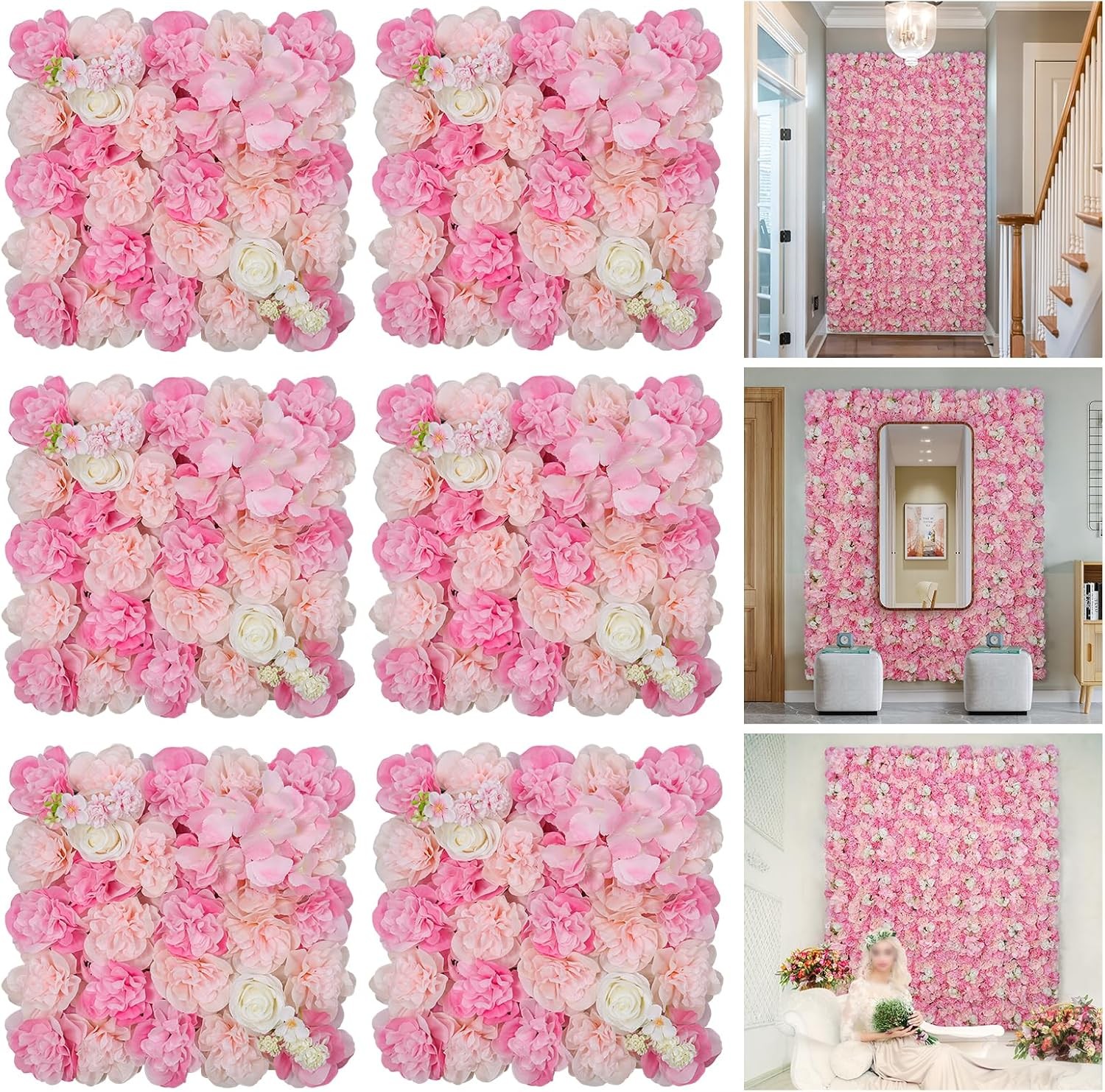 Floral Wall Backdrop 6PCS 16.5×16.5 Inch Silk Rose Decor for