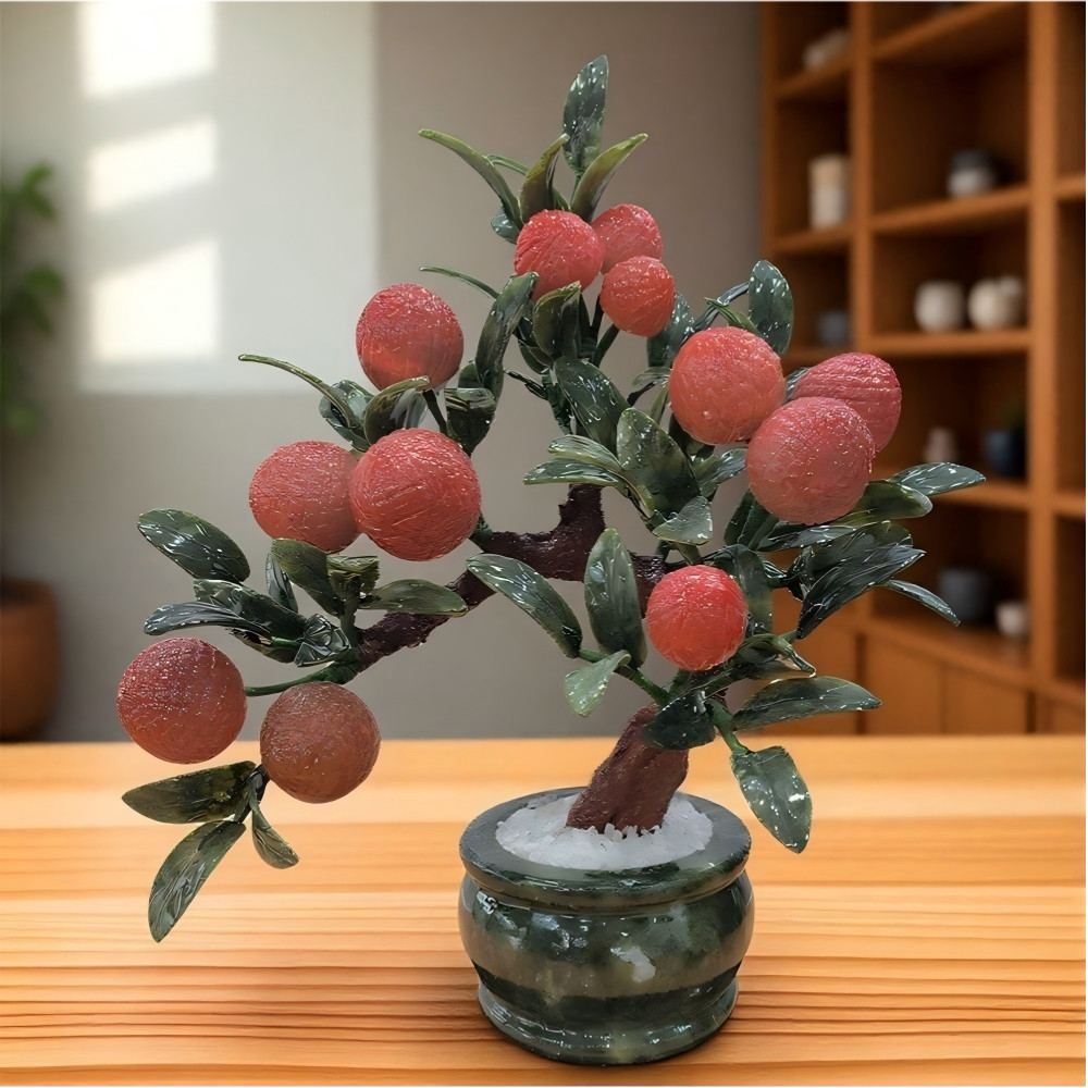 Natural Jade Stone Litchi Bonsai Tree Fruit Plant Feng Shui Home Office Decor