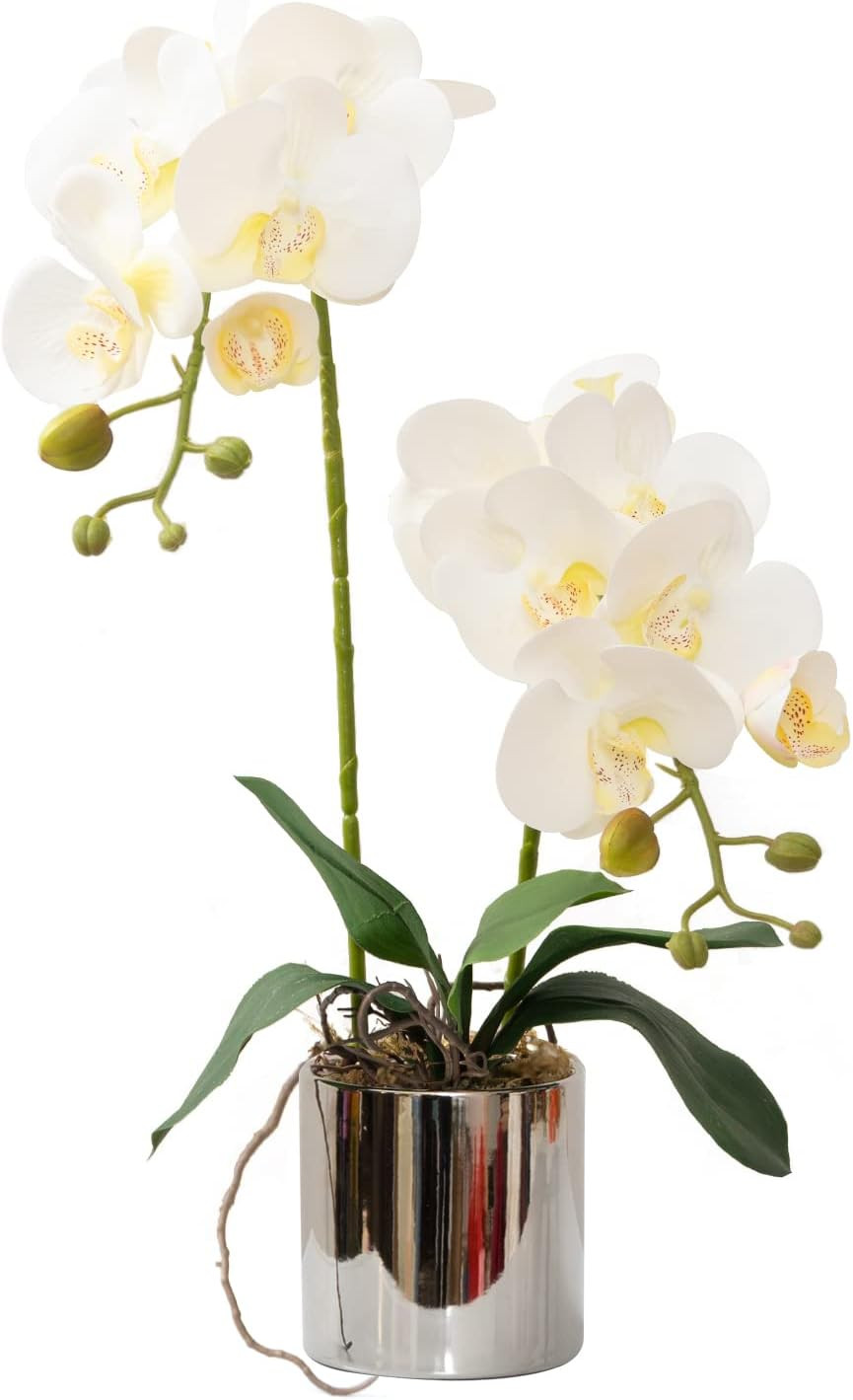 Elegant White Faux Orchid Arrangement in Ceramic Vase for Home & Office Decor
