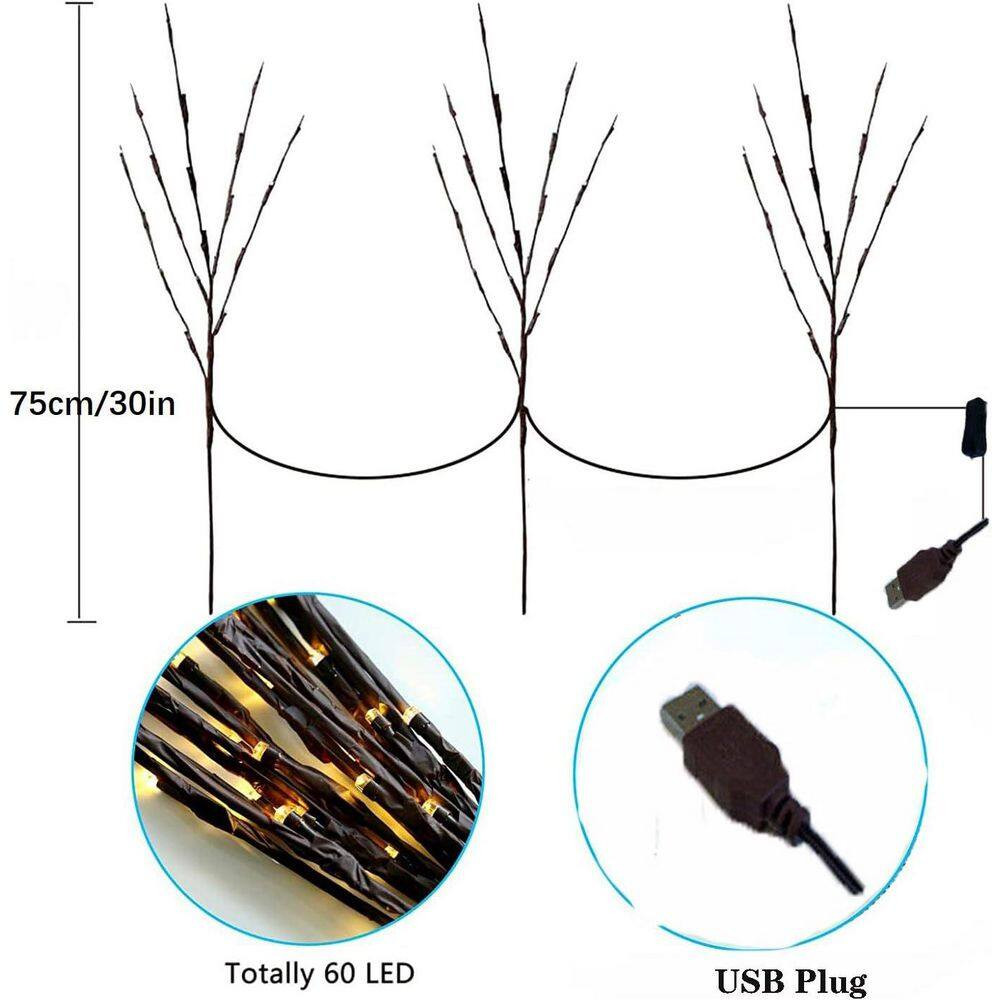 30 In. Brown Artificial Foliage Lighted Willow Branches Decorative Warm White LE
