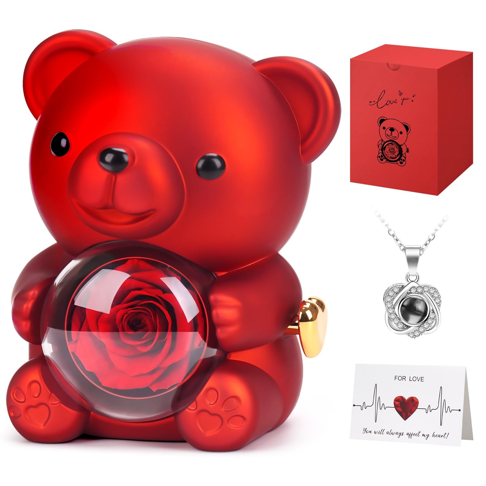 Valentines Day Gifts for Her, Teddy Bear with Preserved Real Rose and Necklac…