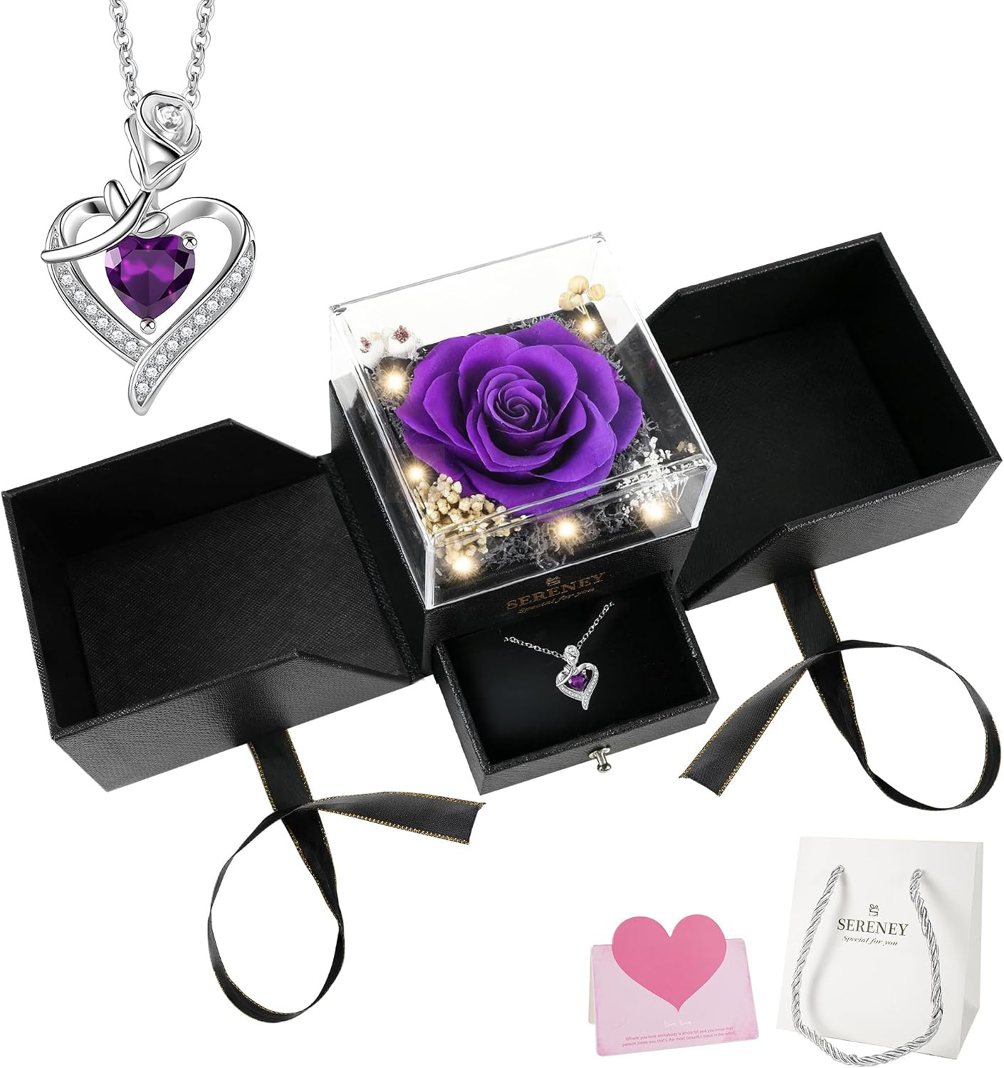 Preserved Purple Flower Rose with Necklace, Forever Flowers Eternal