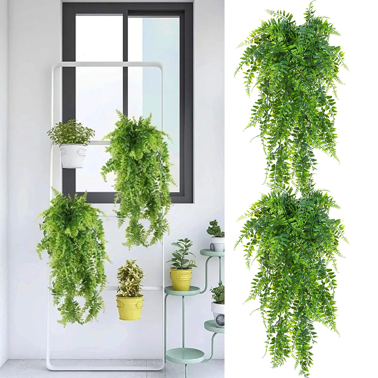 2pcs Artificial Hanging Plants Fern Lifelike Decoration For Home Green 75cm