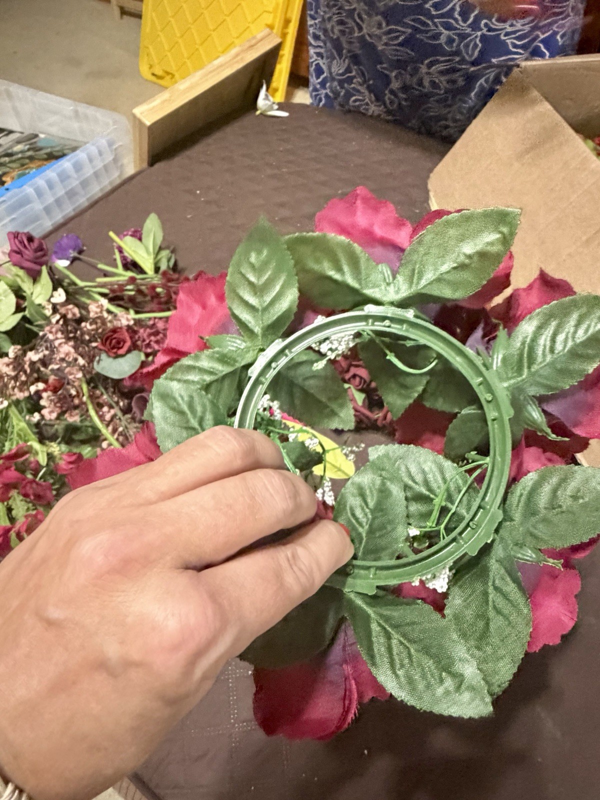 Large Lot / Box of Miscellaneous Artificial Silk Flowers – Burgundy Shades