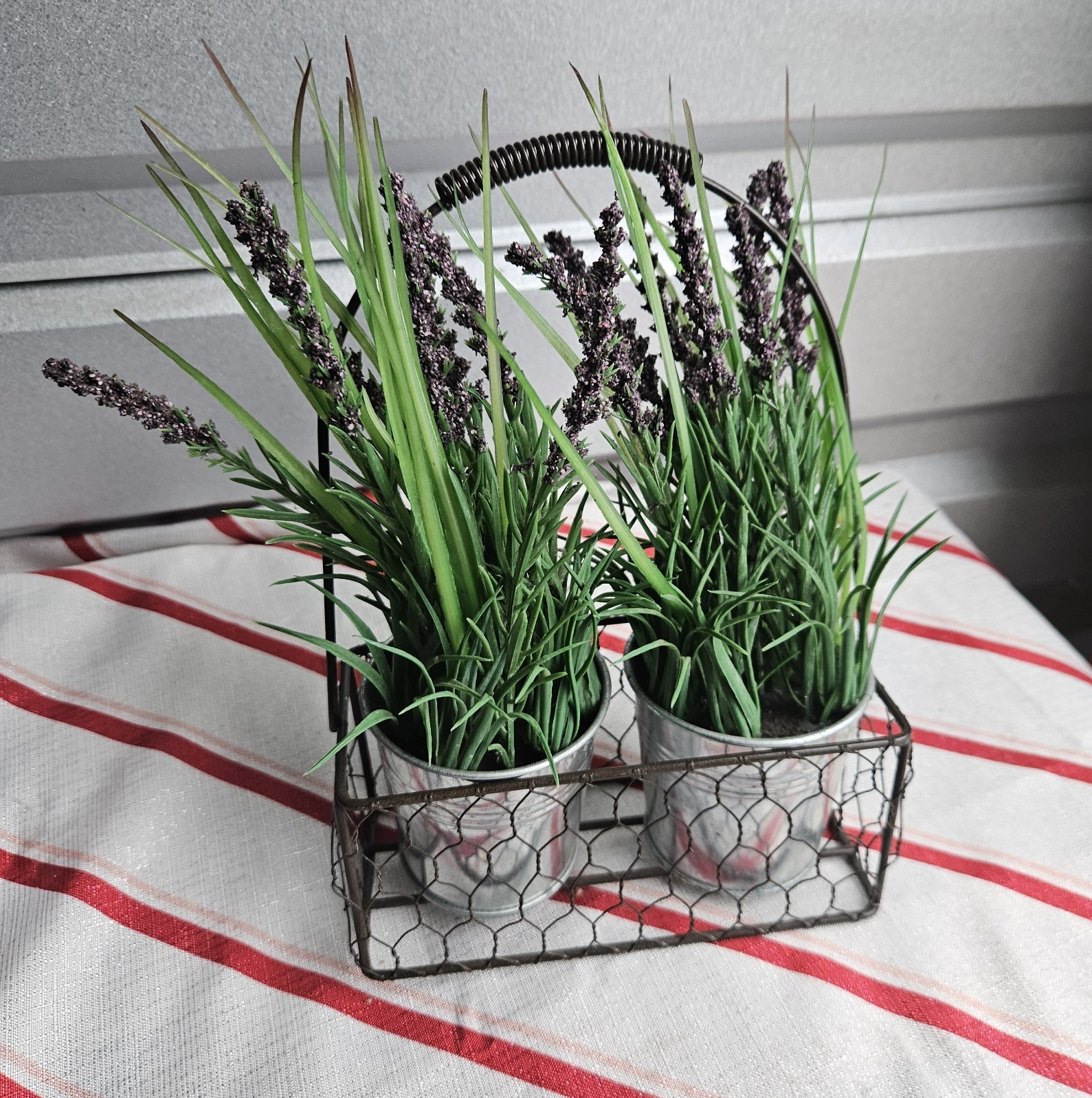 Artificial Lavender Arrangement & Centerpiece in Metal Pots with Wire Basket