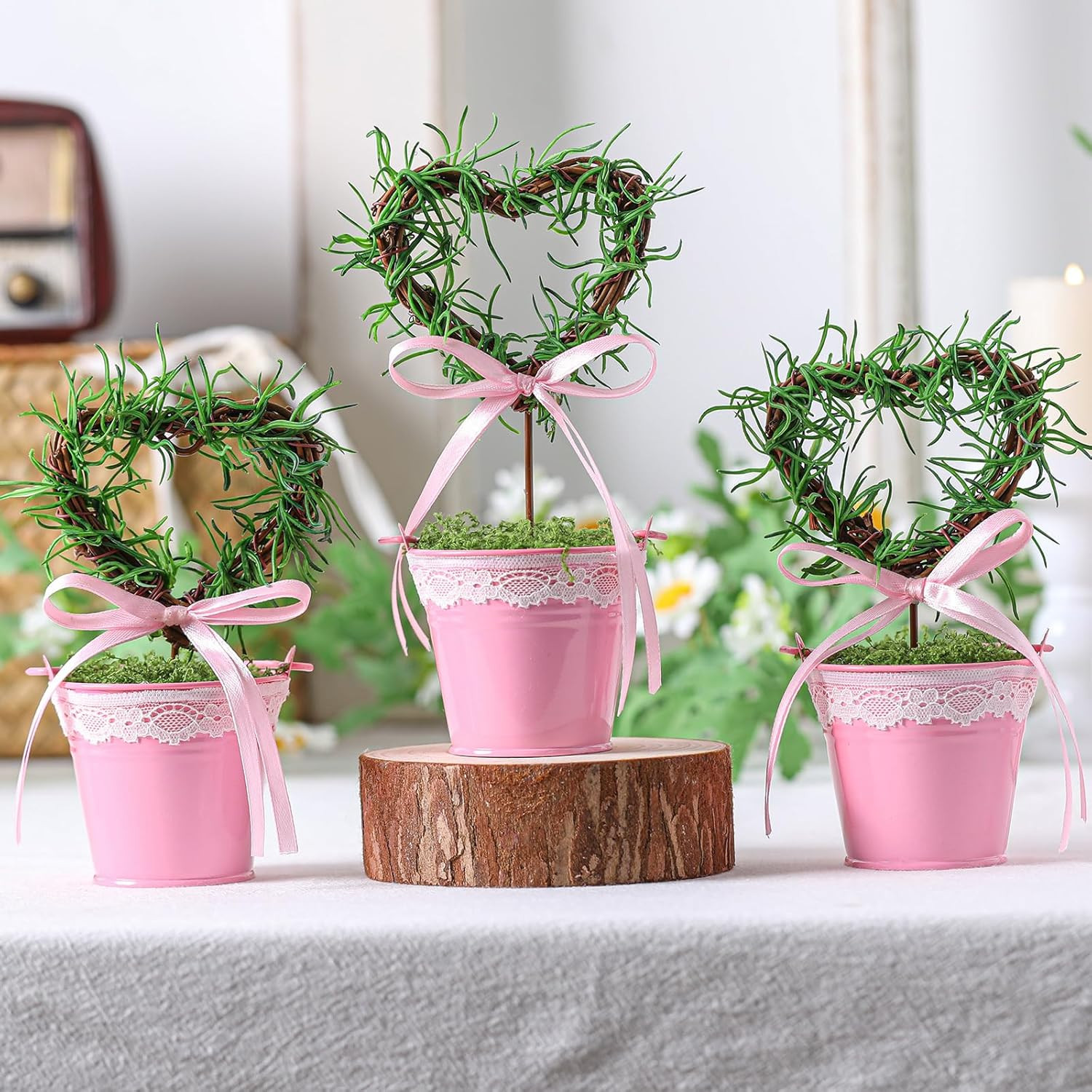 3 Pcs Valentine’s Day Heart Topiary Trees in Pots for Tabletop Decor