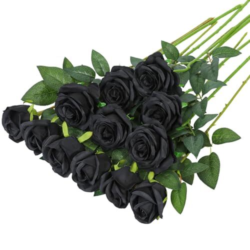Fake Roses Artificial Silk Flowers – 12 Pcs Black Roses Artificial Faux