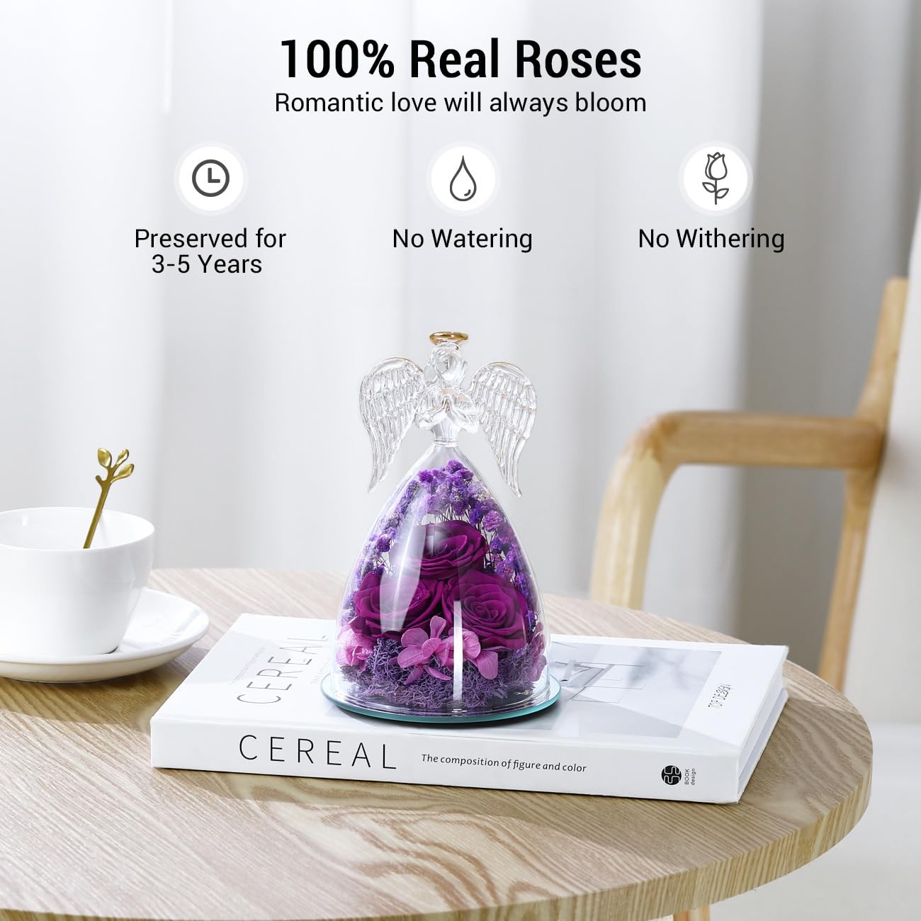 Preserved Rose Glass Angel Figurines Gifts for Mom Grandma, Purple