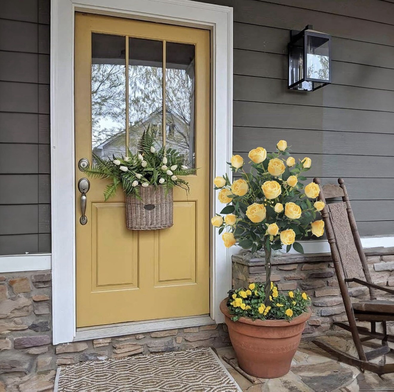 Artificial Yellow Rose Floral Topiary Tree in Pot Set of 2, Green Leaves