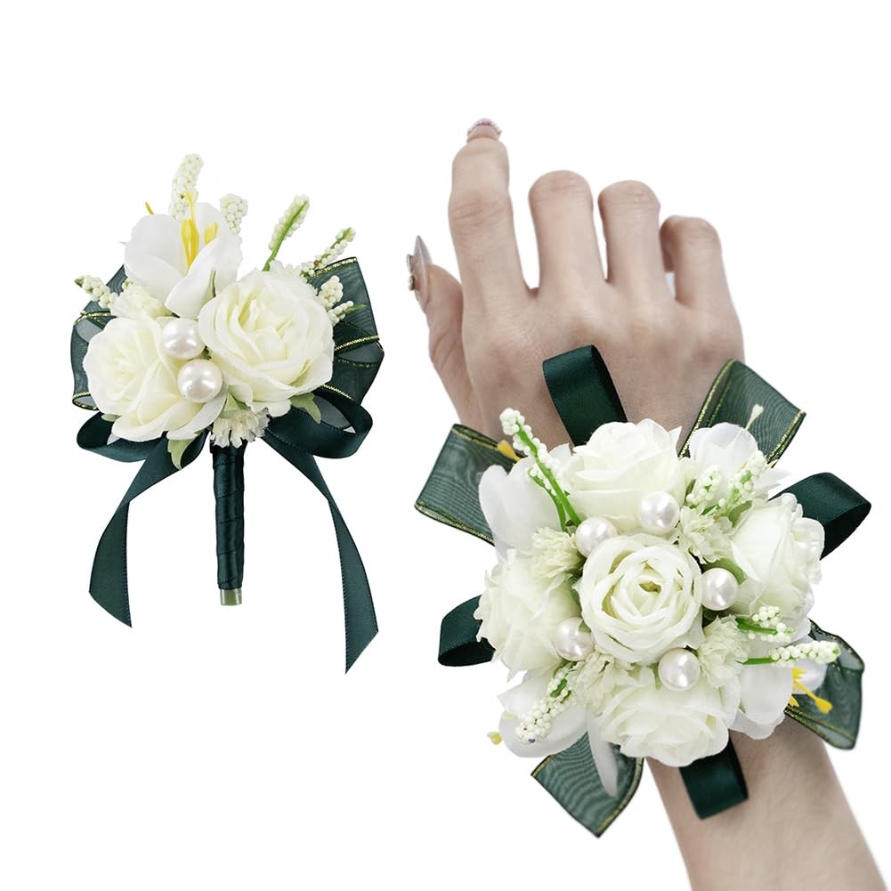 White Rose Corsage and Boutonniere Set, Prom Flower Wrist Corsage Wristlet Ba…
