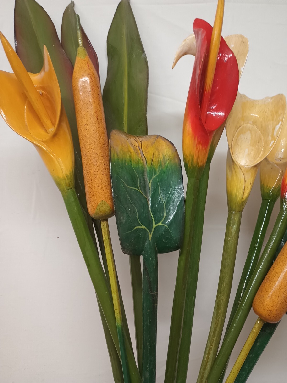 VTG Wood Tropical Flowers Long Stem 36″ Leaves Lot Of 13 Wooden Painted Carved