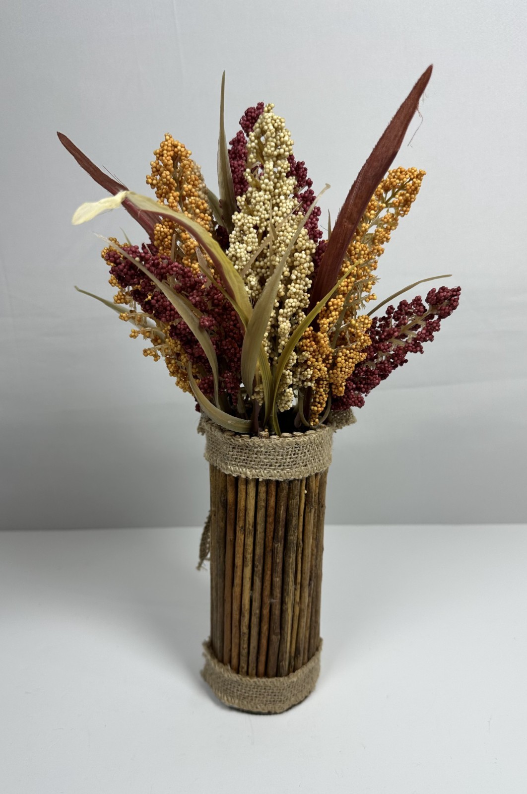 Rustic Dried Sorghum Arrangement in Burlap-Wrapped Wood Vase – Autumn Farmhouse