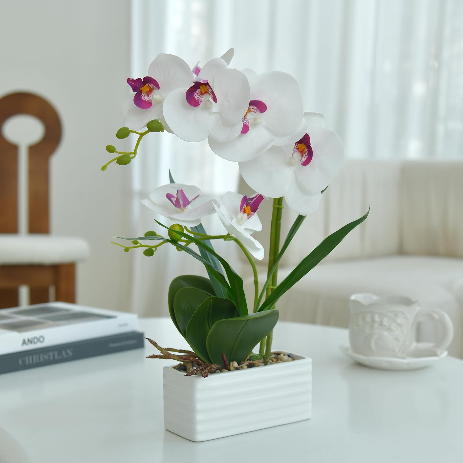 Artificial Real Touch Orchid Flowers in Pot Fake Phalaenopsis Flower with Whi…