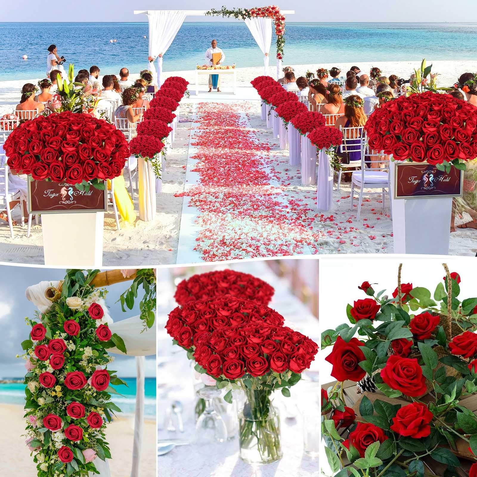 Burgundy Velvet Silk Artificial Red Roses Bulk Wedding Centerpiece 60 PCS