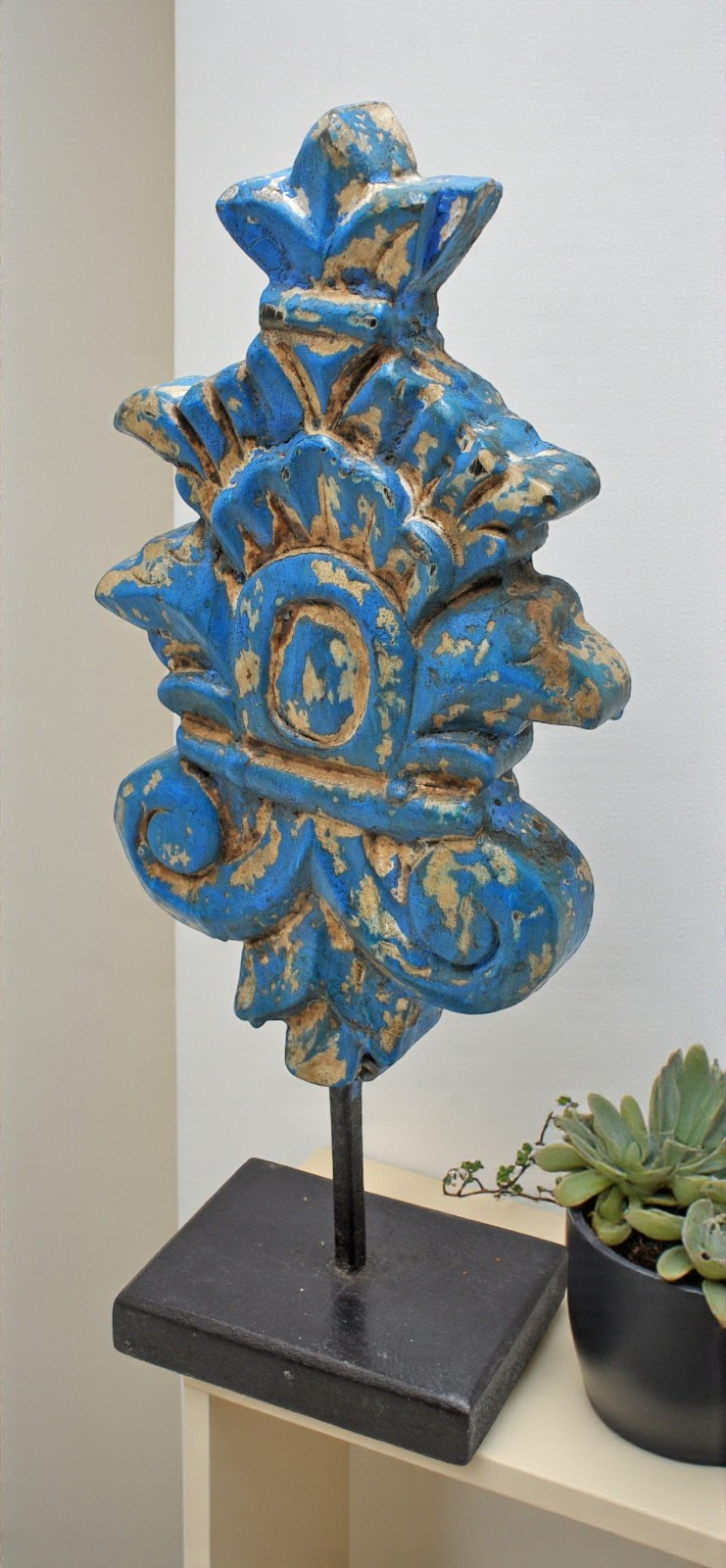 Hand Carved Wooden Flower Carving Panel Plaque on Stand Rustic Blue Painted