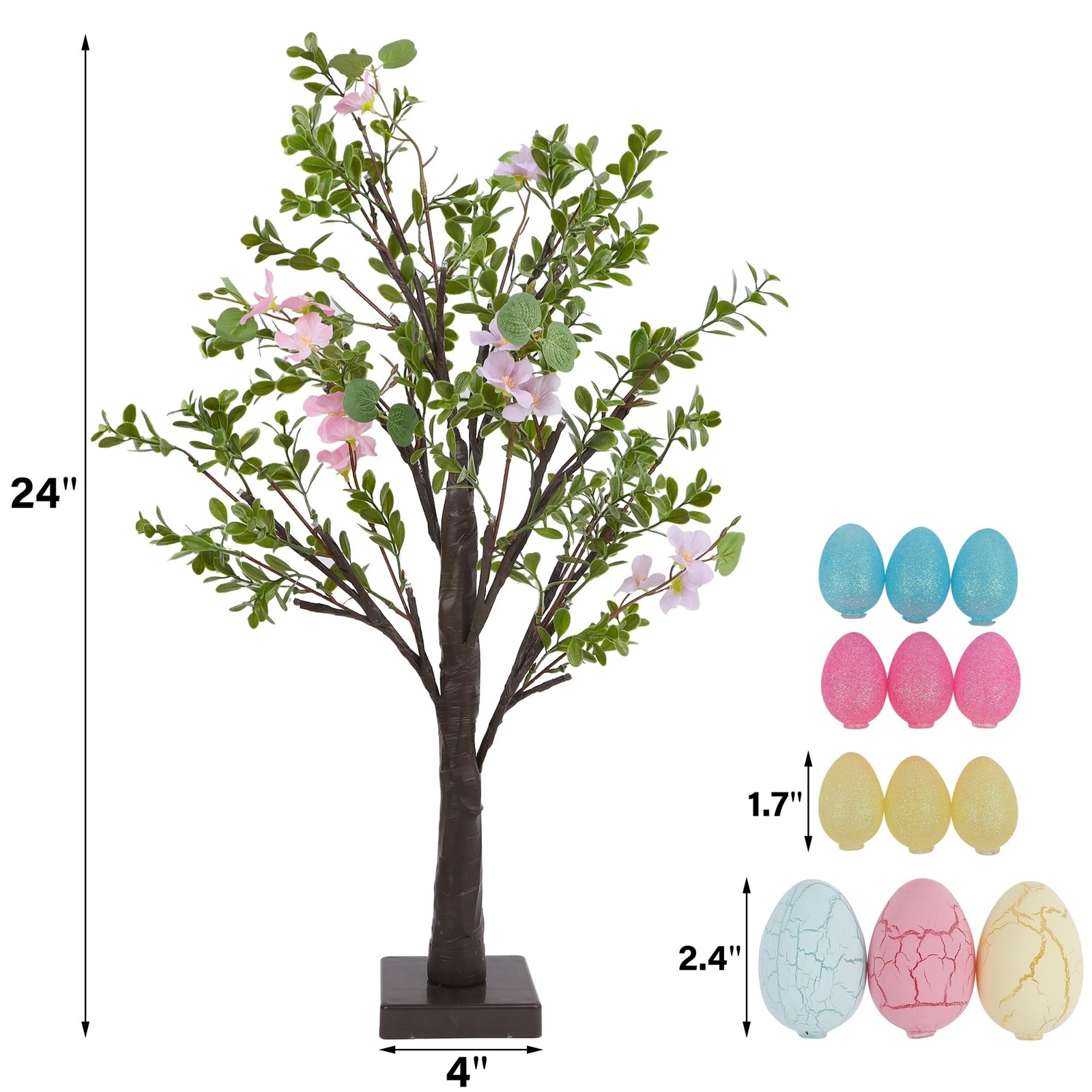 Easter Decor Set of 2 Lighted 24 Inch Artificial Tree with Easter Eggs & Colorfu