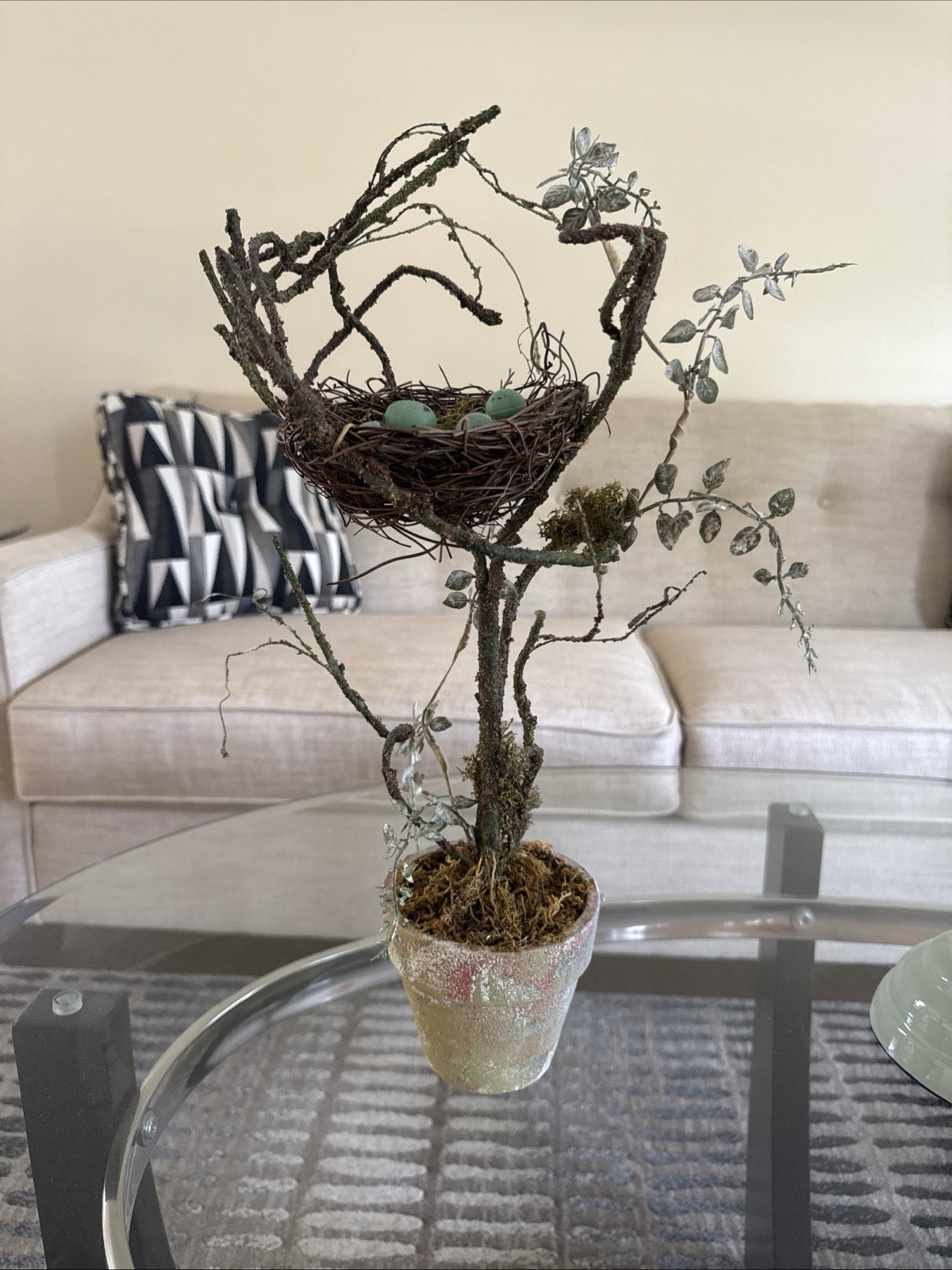 Floral Topiary Arrangement Potted Center Piece With Nest & Robin Eggs
