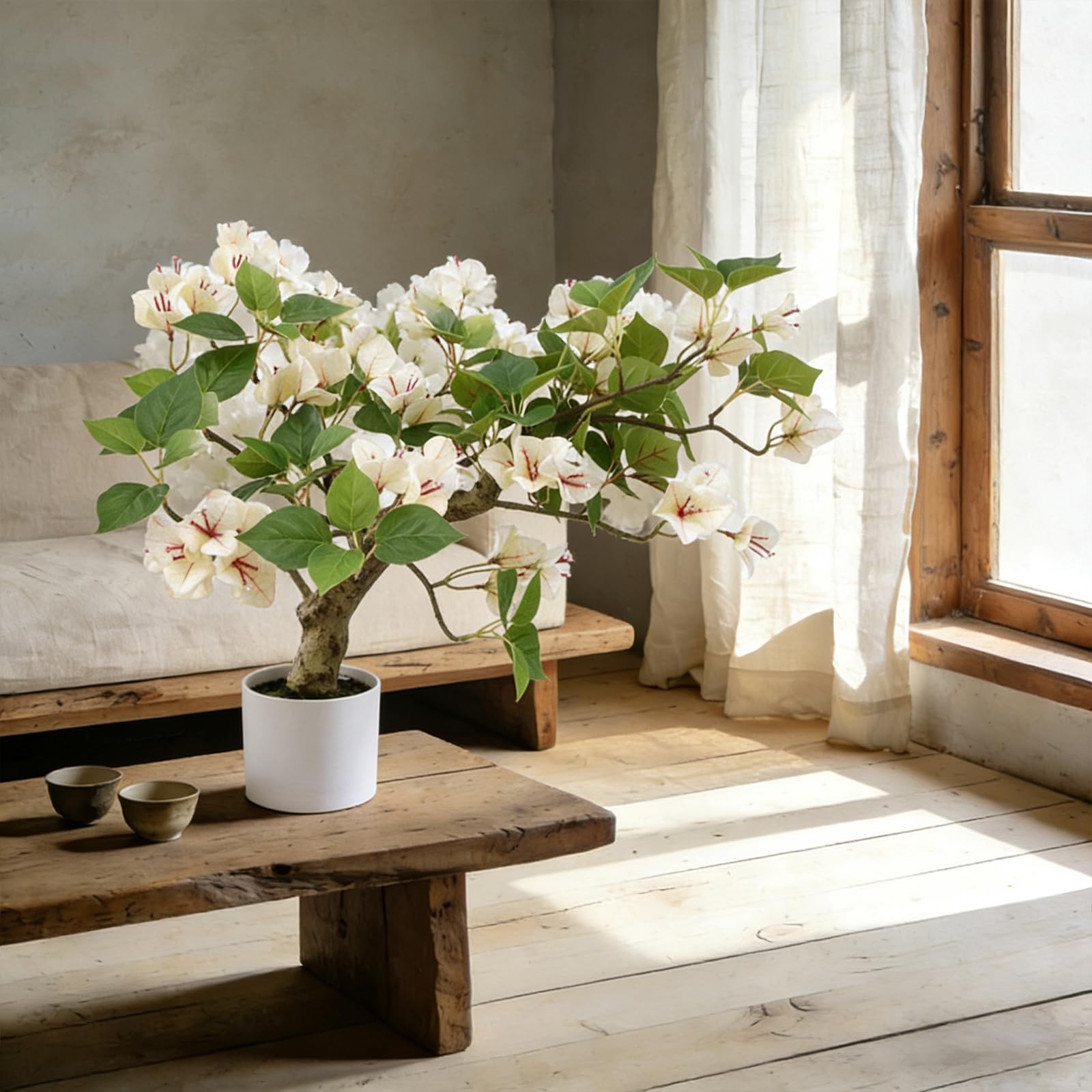 16 Inch White Artificial Bougainvillea Tree in Pot Faux Flower Plant Decor
