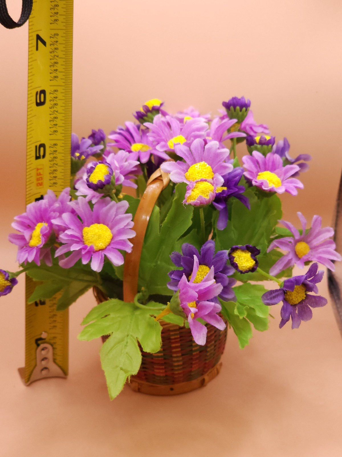 Vibrant Purple & Yellow Daisy Faux Floral Arrangement in Wood Woven Basket