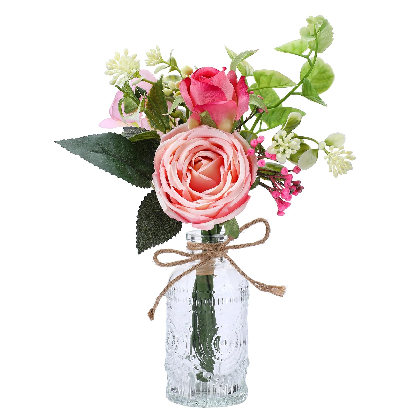 Flowers Bouquet in Small Vase – Pink Rose Artificial Fake Centerpiece Potted …