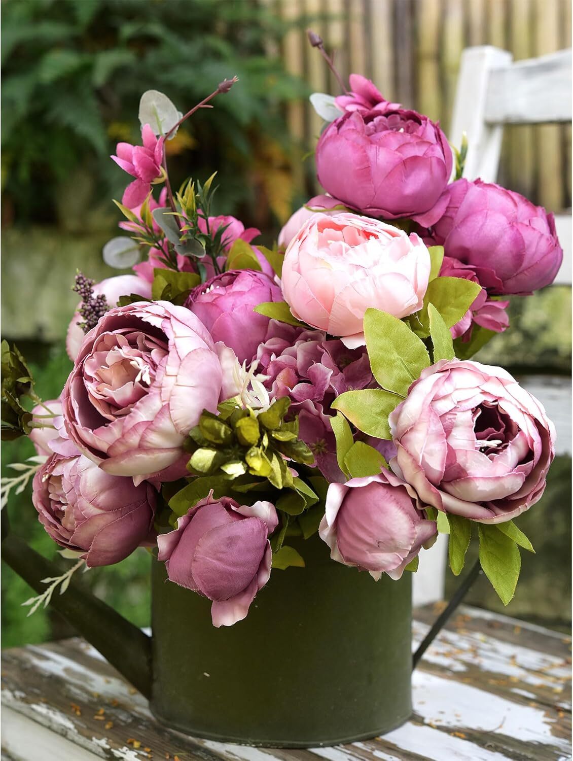 Soft Peach Pink and Magenta Red Vintage Artificial Peonies Silk Flowers and H