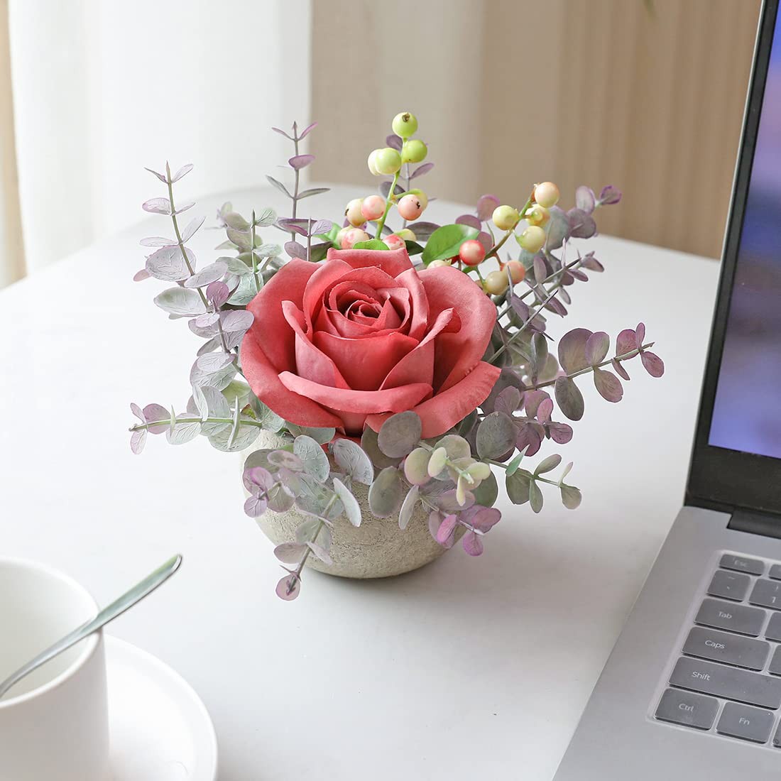 Rosscer Small Artificial Pink Rose Potted Plant, 6″ Fake Silk Flowers in 3.5″…