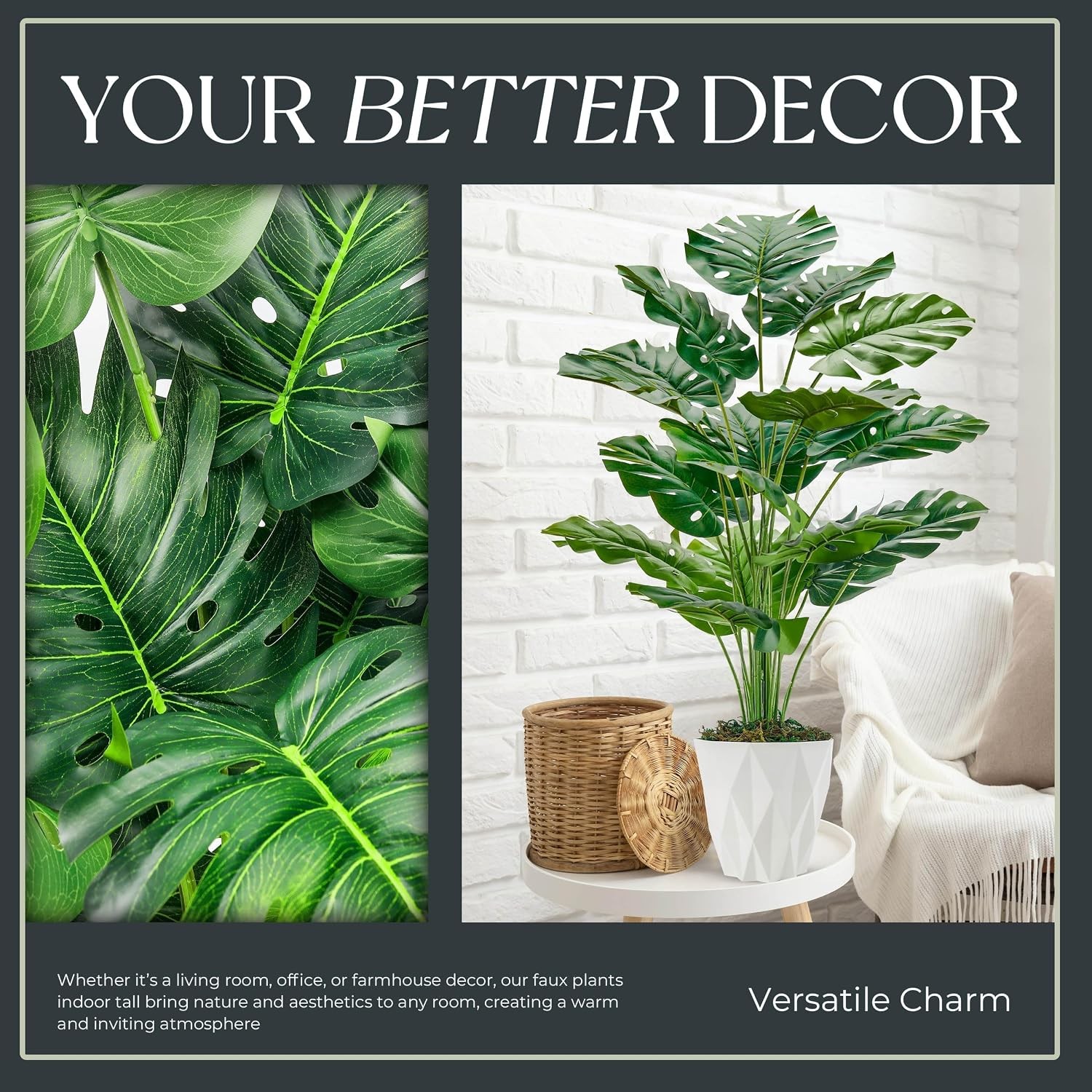 28″ Tall Fake Plants Large Artificial Monstera Potted Plants Indoor w/ White Pot