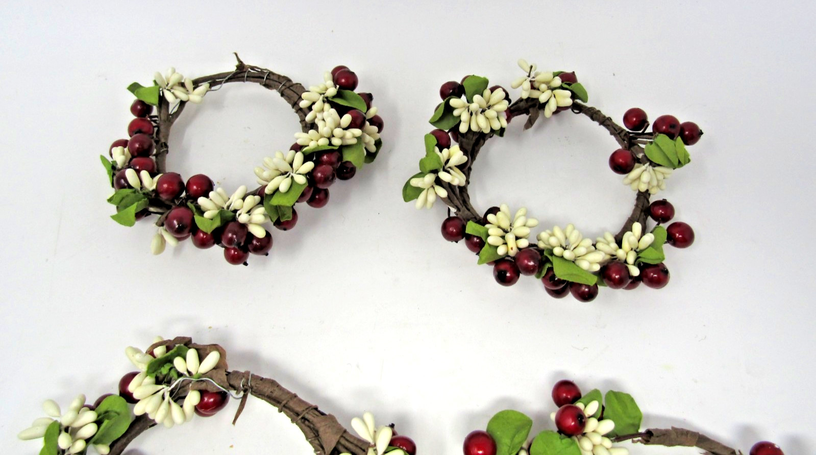 Red Green and White Faux Berries Candle Ring Wreath 2.5″ Opening Lot of 4