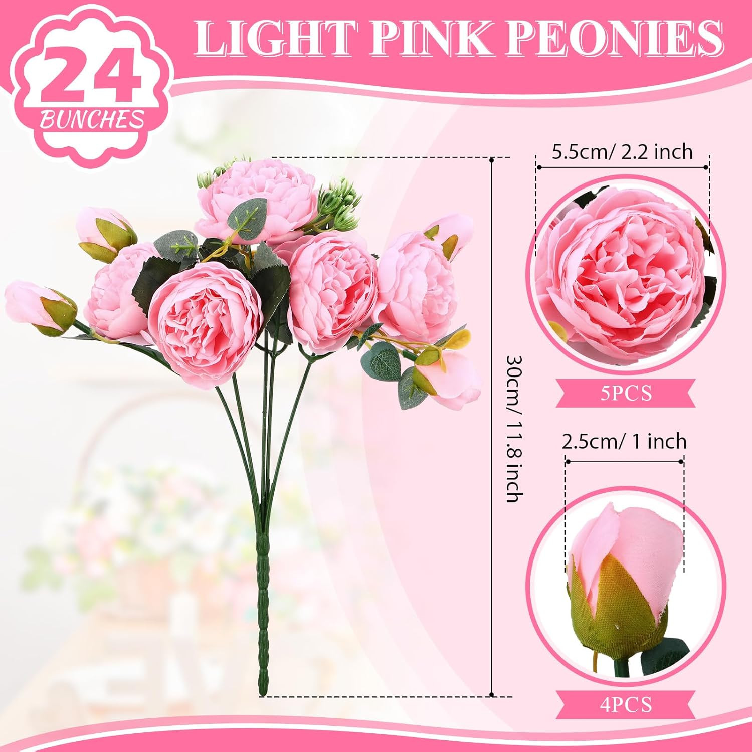 24 Light Pink Artificial Peonies for Wedding Decor & Centerpieces