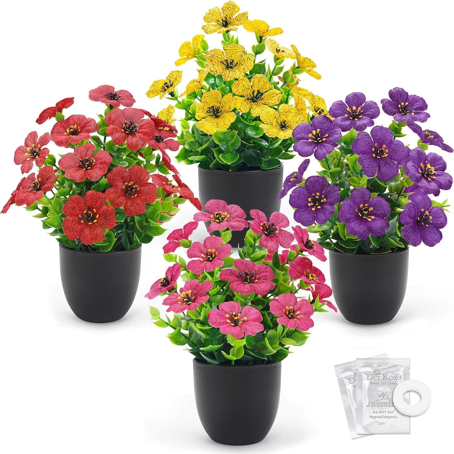 4 Pack Small Fake Plants Fragrance Discs Faux Flowers Black Pots Decor
