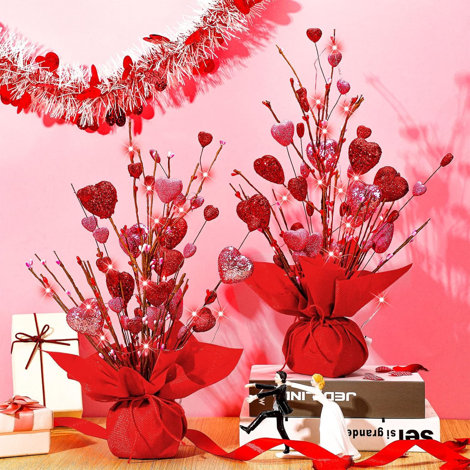 Ganeen 2 Pack Valentines Heart Table Tree Decorations 18 Inch LED Light up