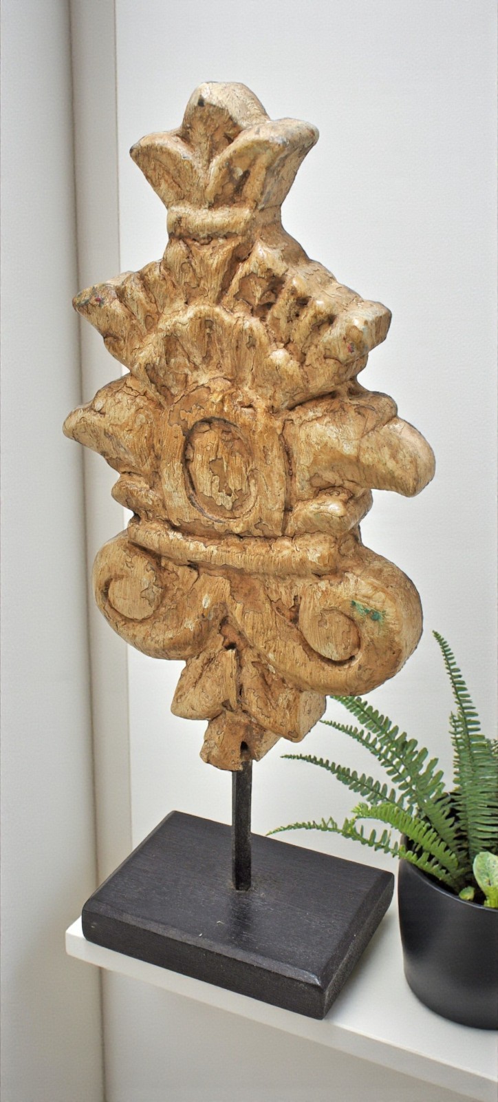 Hand Carved Wooden Flower Carving Panel Plaque on Stand Rustic White Painted