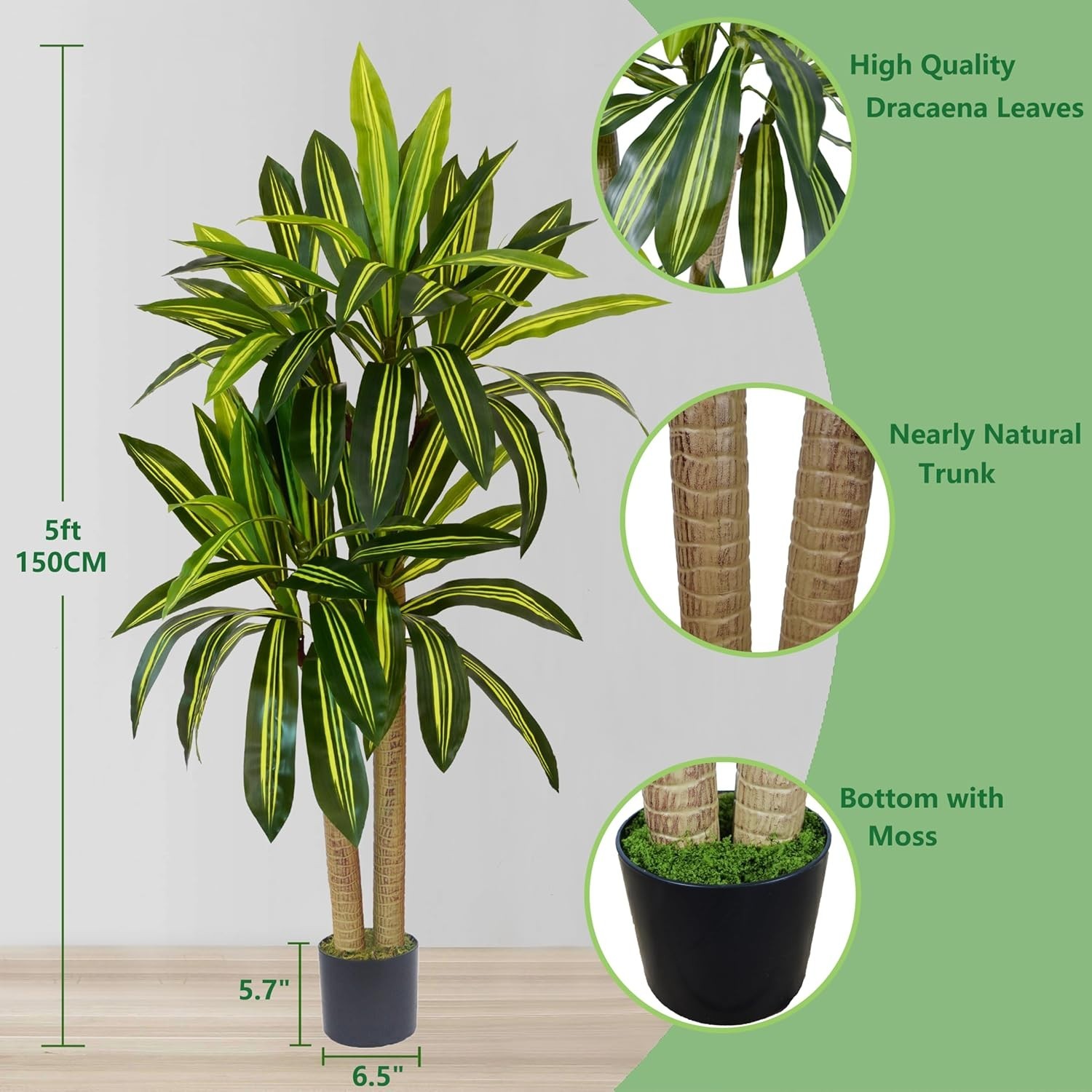 Artificial Dracaena Tree, 5ft Tall Fake Dracaena Plant with Basket, Indoor Ou…