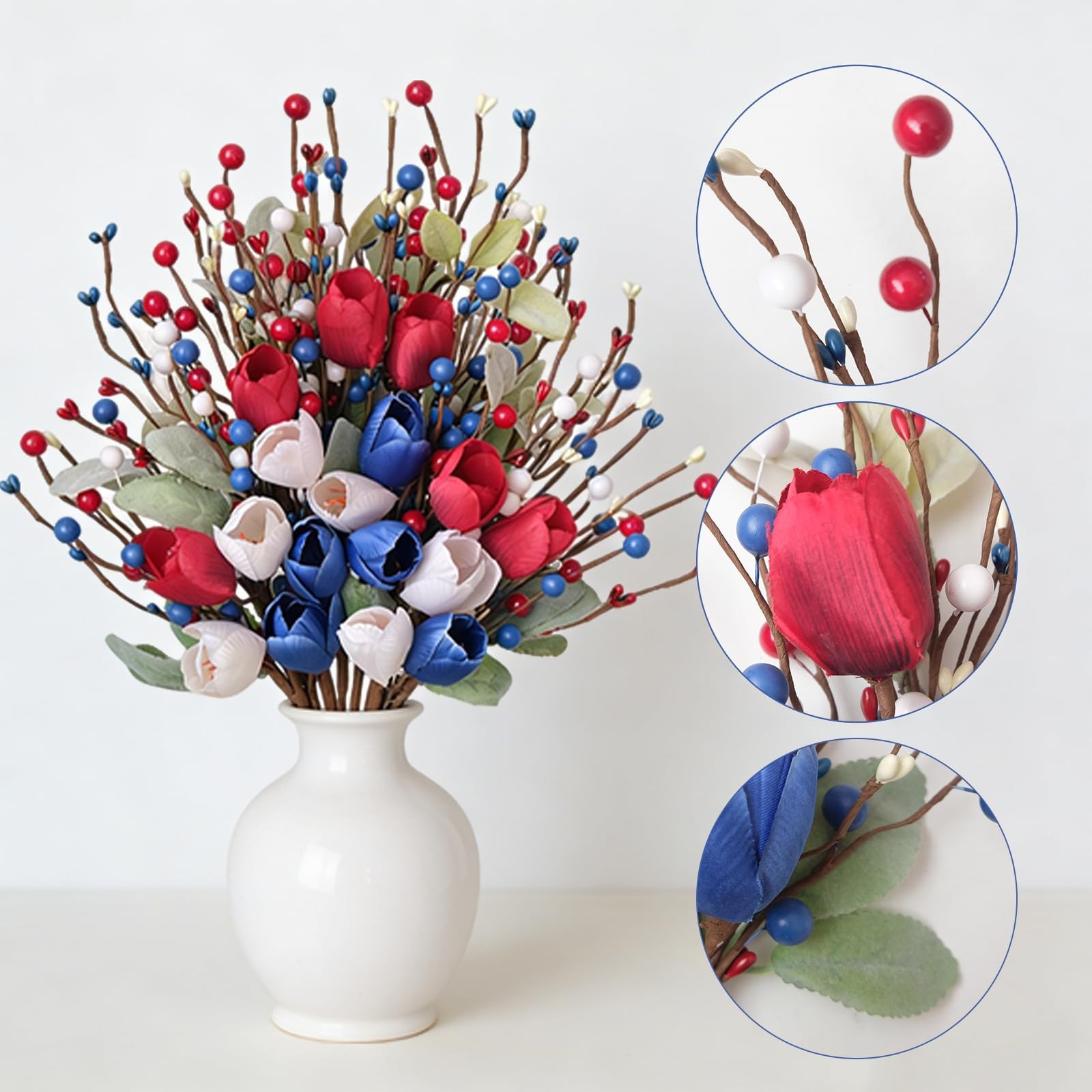 6 Pcs Patriotic Floral Stems with Sage Lamb’s Ear, Red White Blue Berries & T…