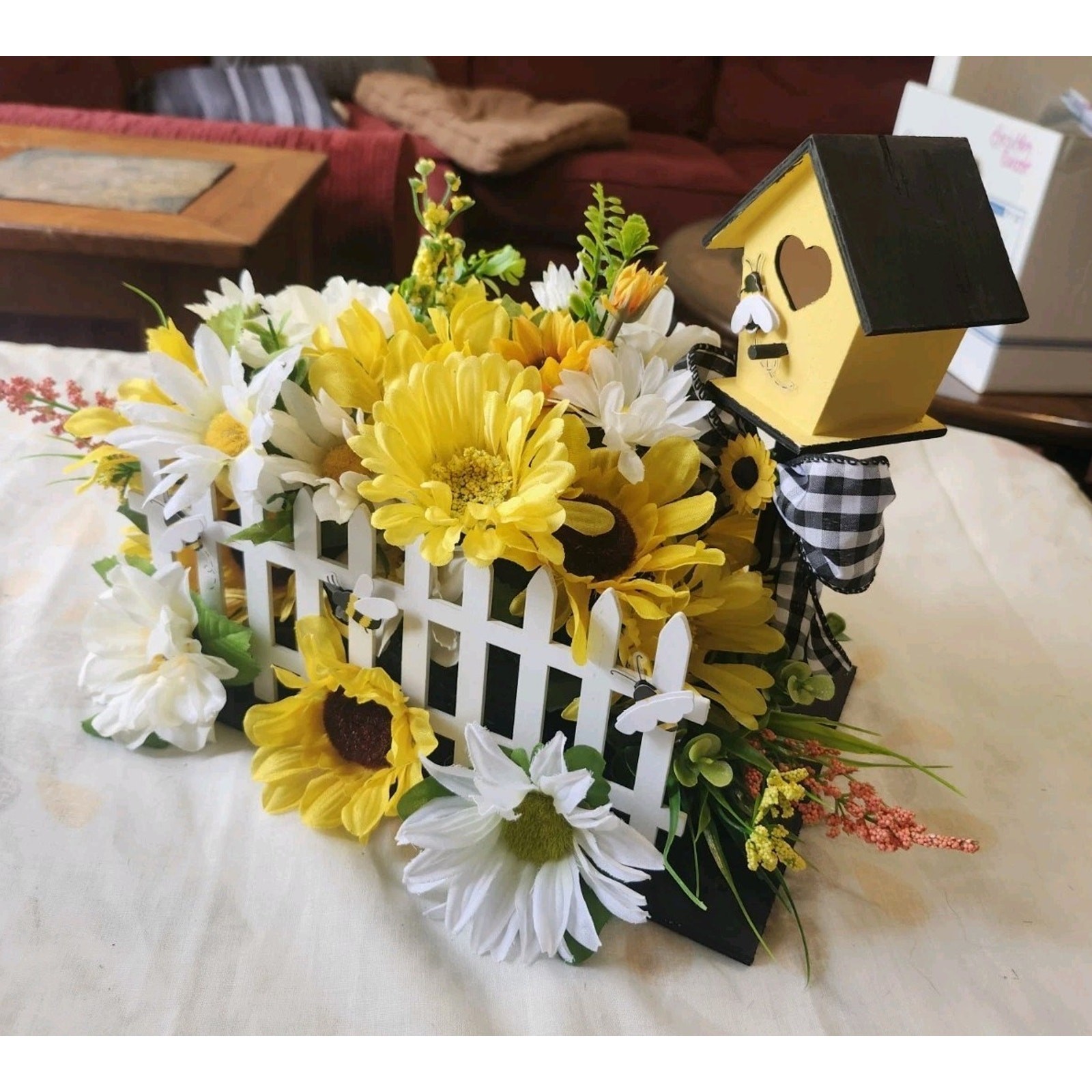 Bee Bird House Artificial Floral Arrangement Centerpiece Sunflowers Handmade