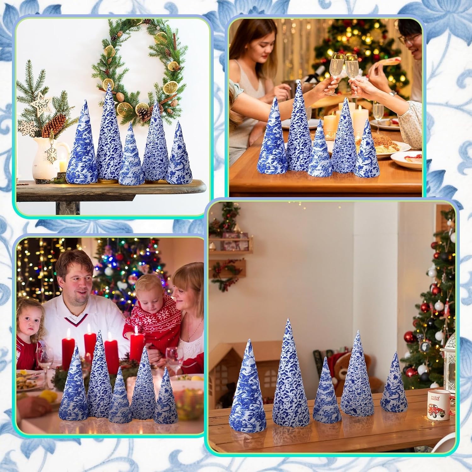 5 Pcs Chinoiserie Christmas Tree Mini Cone Table Decor Blue and White Porcelain