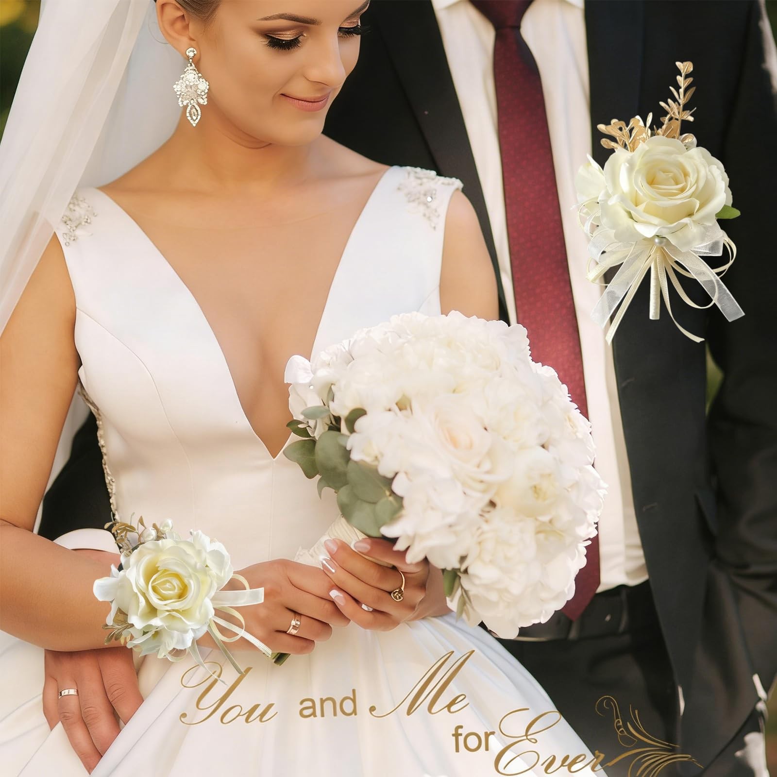 Champagne Wedding Corsage and Boutonniere Set – Silk Flower Wrist Corsage Bra…