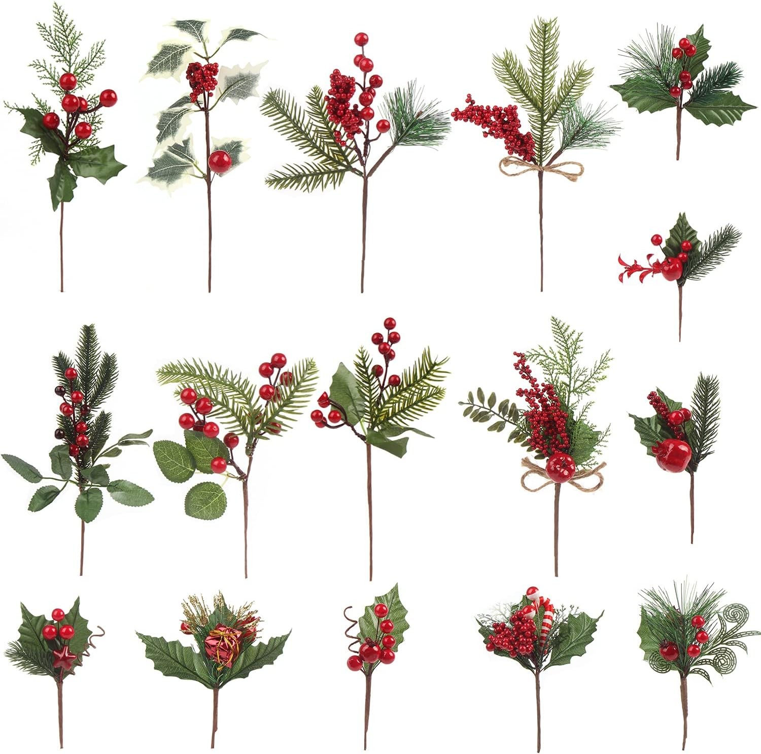 Artificial Christmas Red Berry Picks 16 Pack Assorted Pine Berries Branches Fake