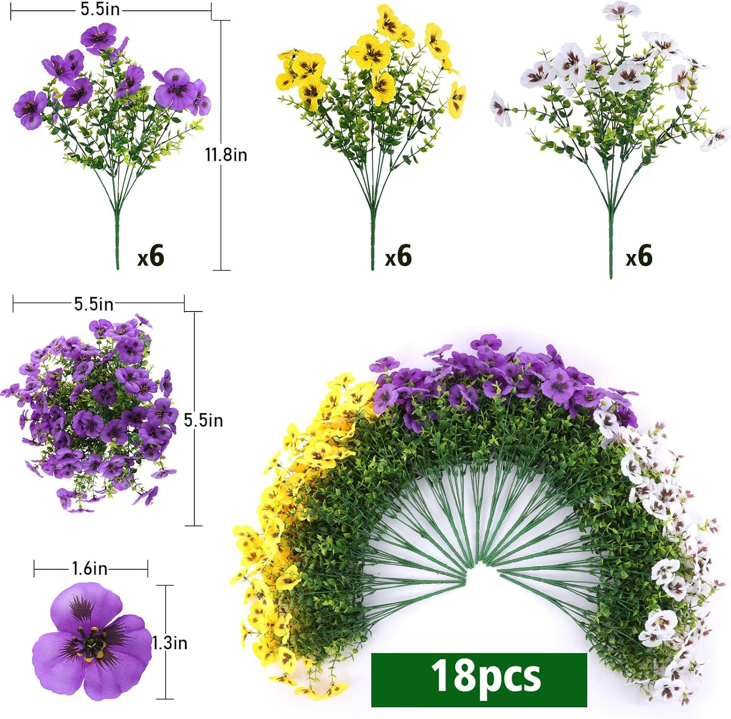 18 Bundles Artificial Pansy Flowers – UV Resistant Faux Silk for Outdoor Planter