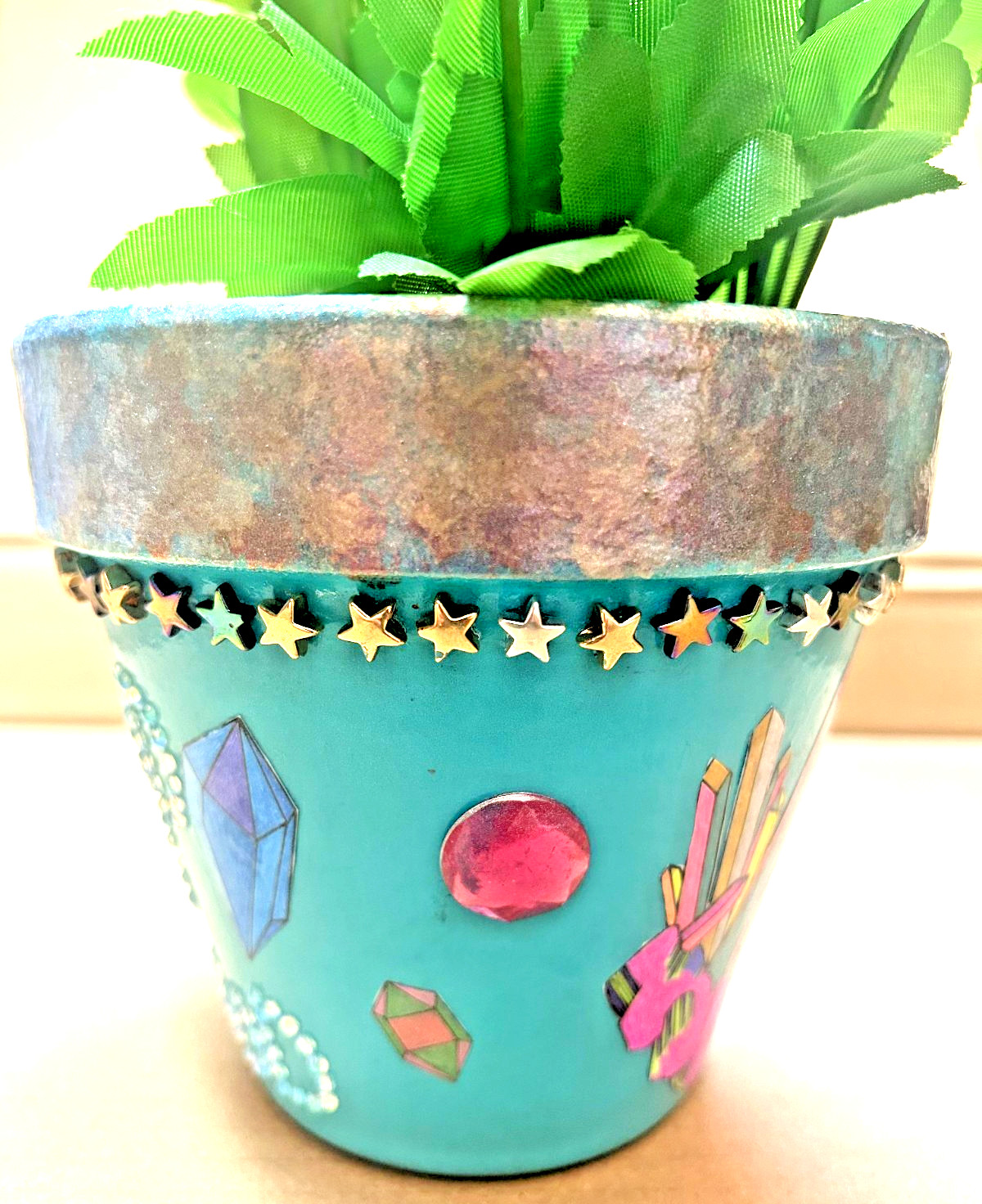 Flower pot “God is Good” blue/silver/ 1 of a kind handmade beautiful Flower pot