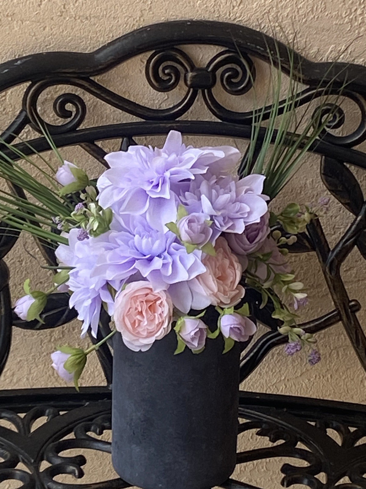 Summer Lavender Purple Dahlias & Blush Pink Peonies in a Jug Style Vase