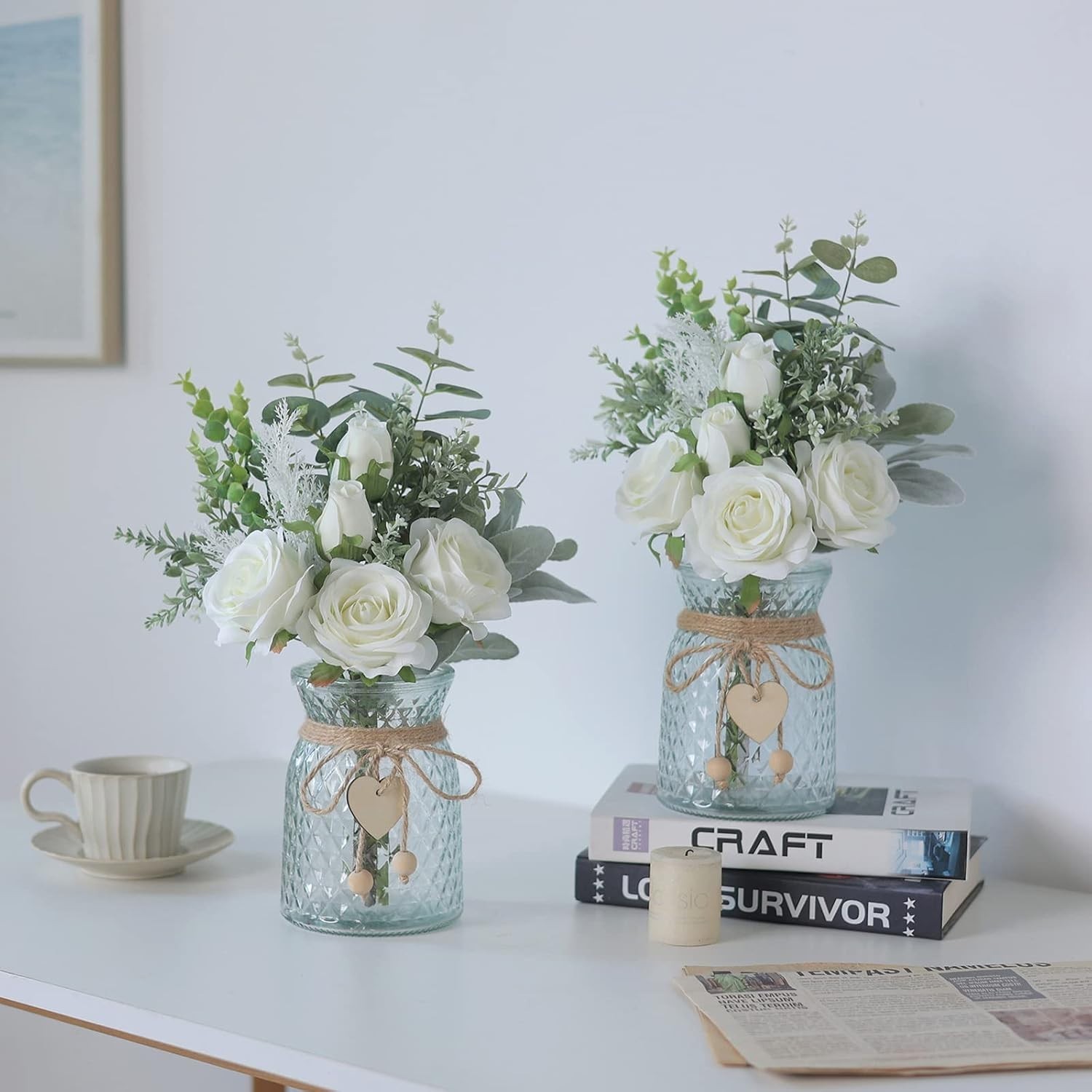 14.5″ Handcrafted Silk Flowers with Glass Vase – Versatile Decor for All Seasons