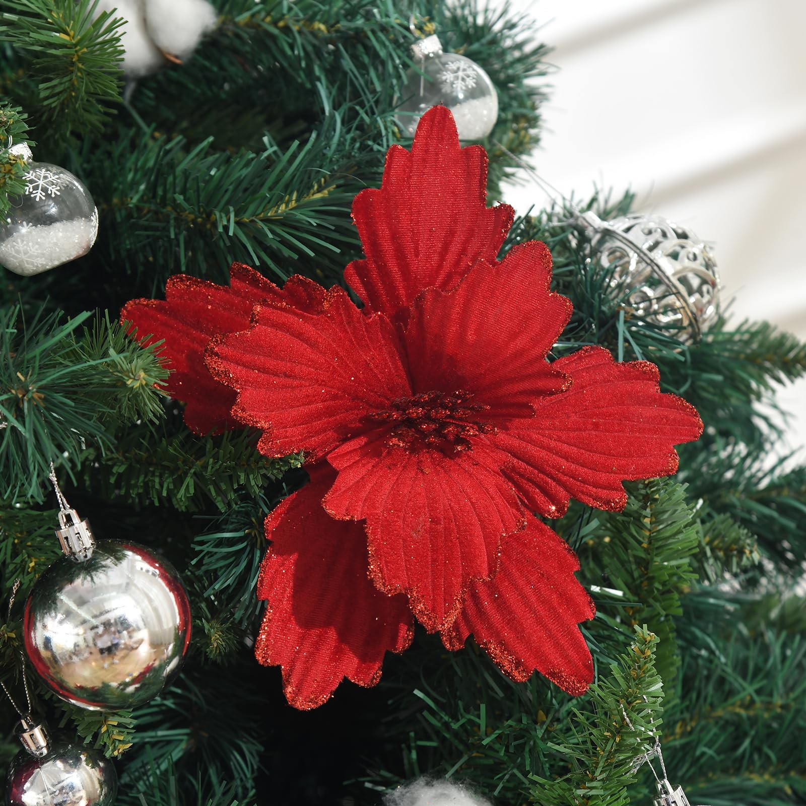 10 PCS Dark Red Glitter Poinsettias Artificial Christmas Flowers Tree Wreath