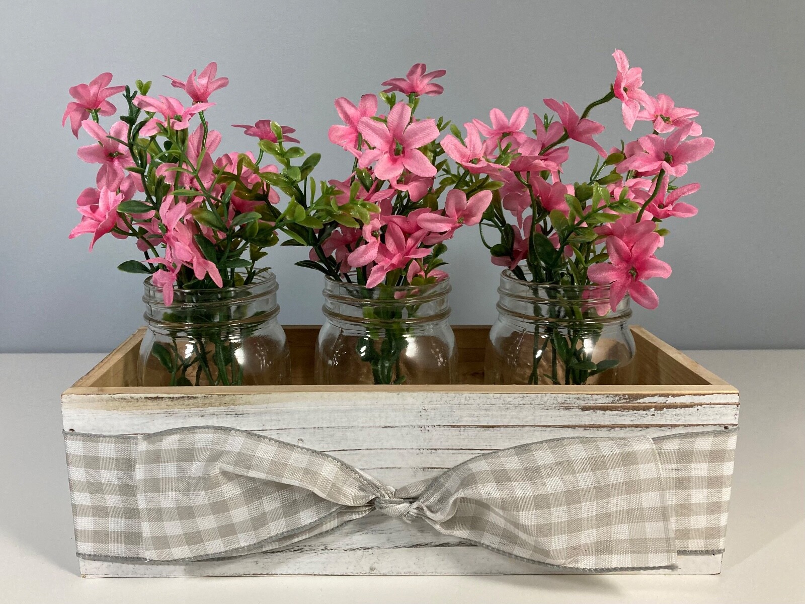 Country Flower Centerpiece Decor, Mason Jars, Farmhouse Wooden Box, Plaid Ribbon