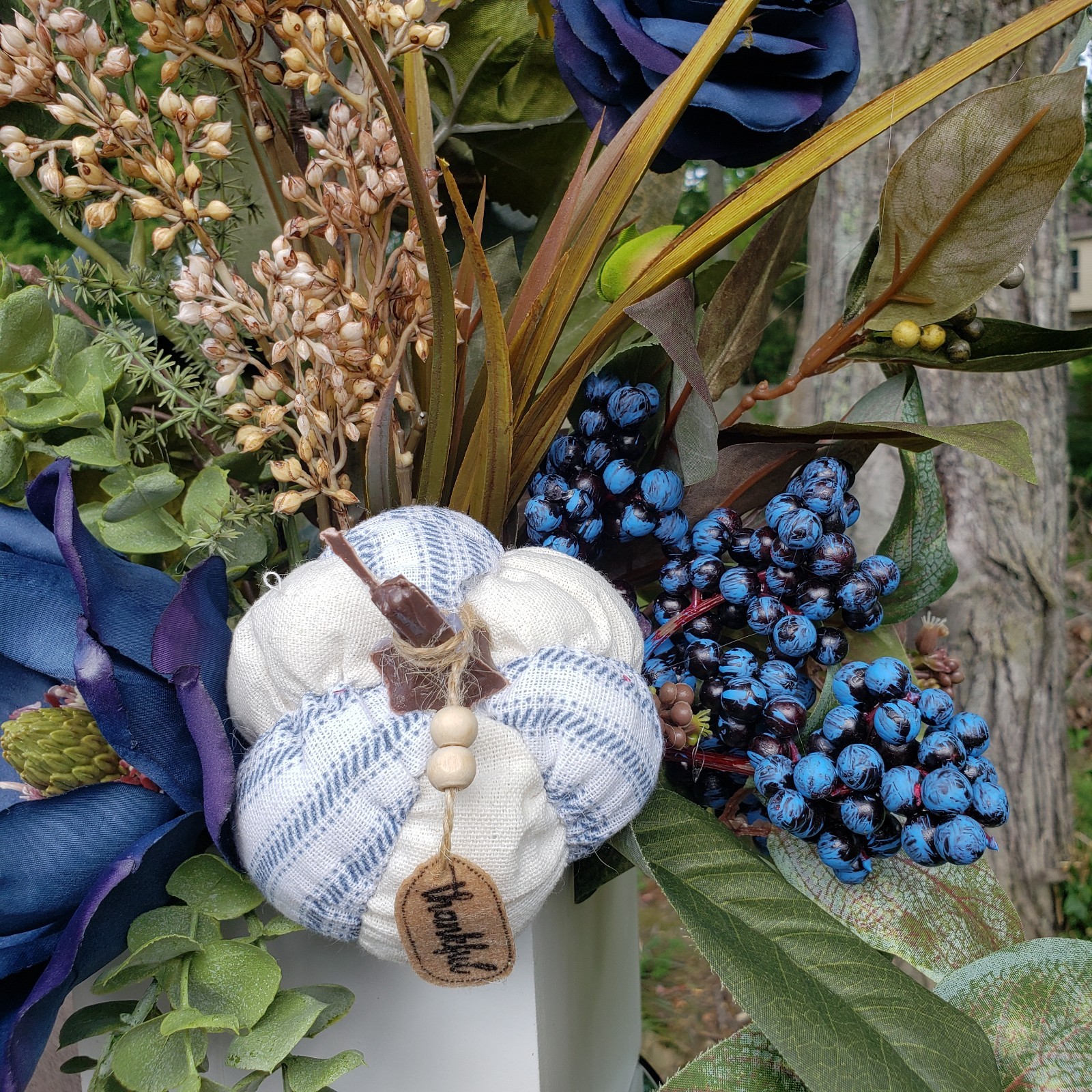 Navy Blue Fall Floral Arrangement Pumpkin Accent, Autumn Magnolia Arrangement